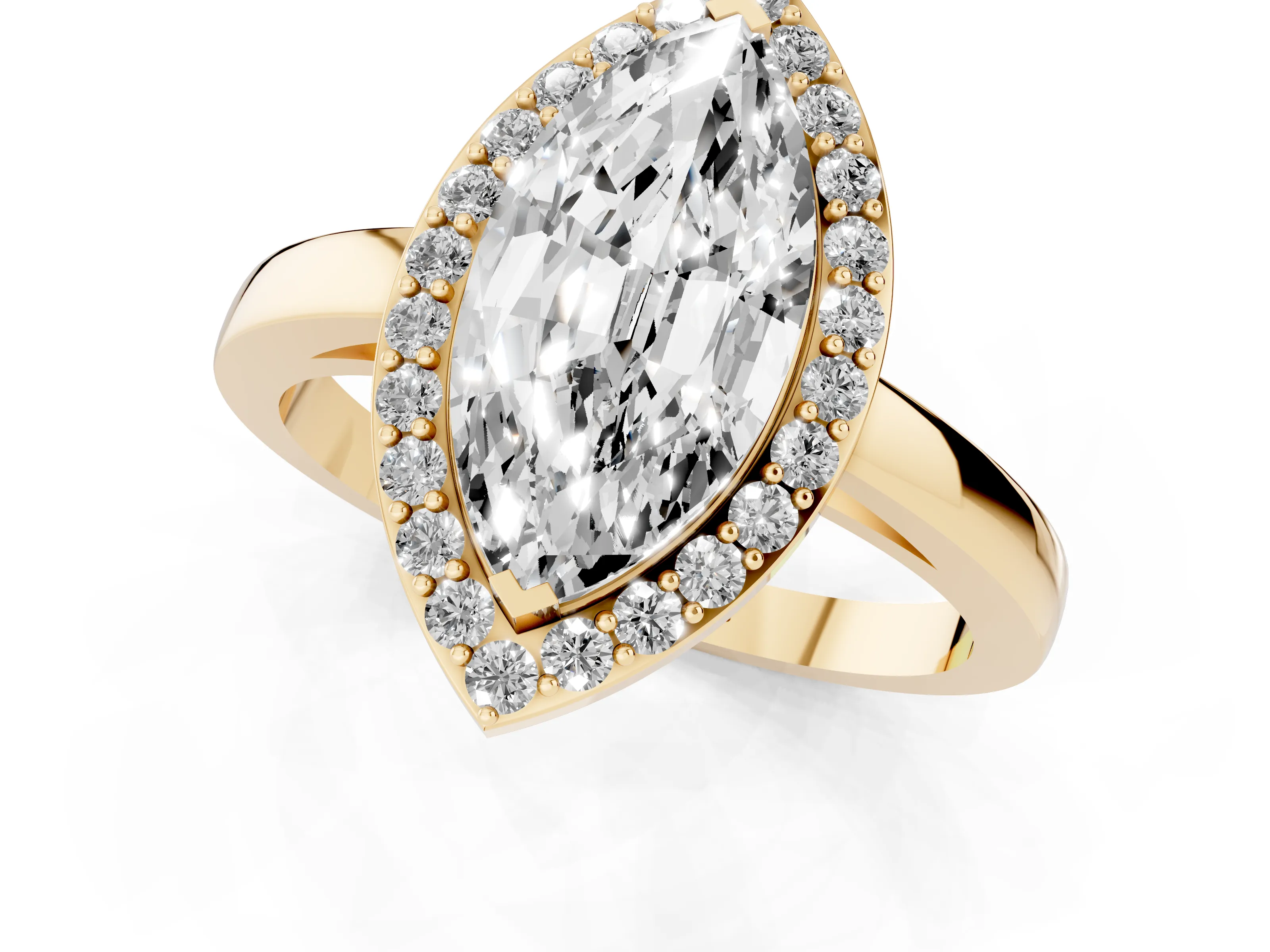 Marquise Cut Diamond Halo Ring Set in Yellow gold with Solitaire Band and Prong Setting