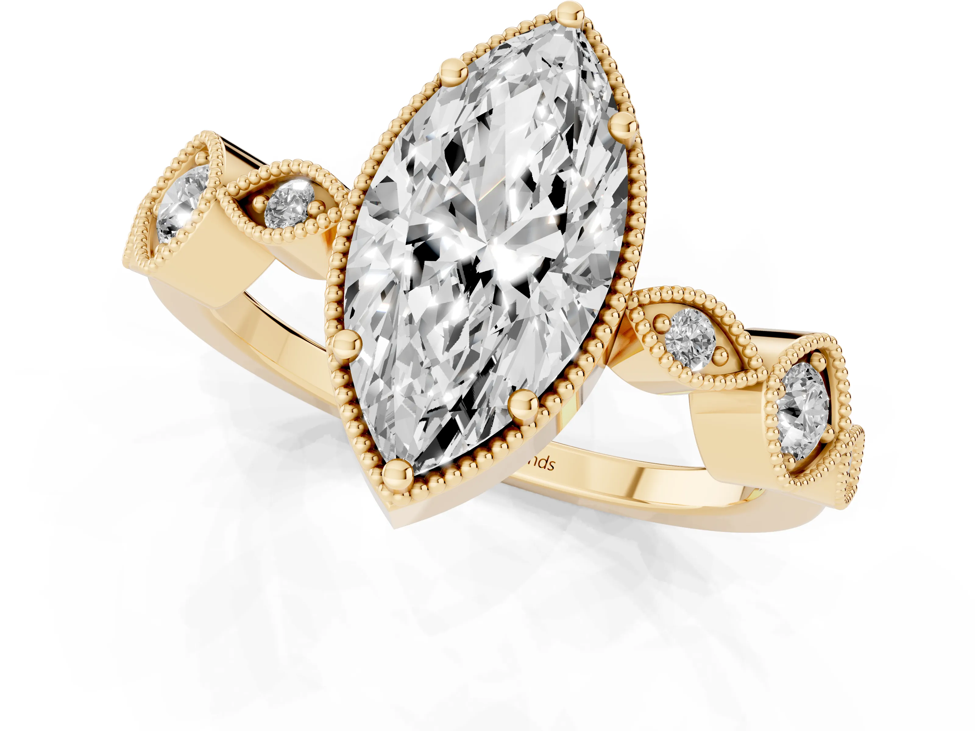 Marquise Cut Diamond Vintage-Inspired Milgrain Ring Set in Yellow gold with Marquise Stations of Round Accents