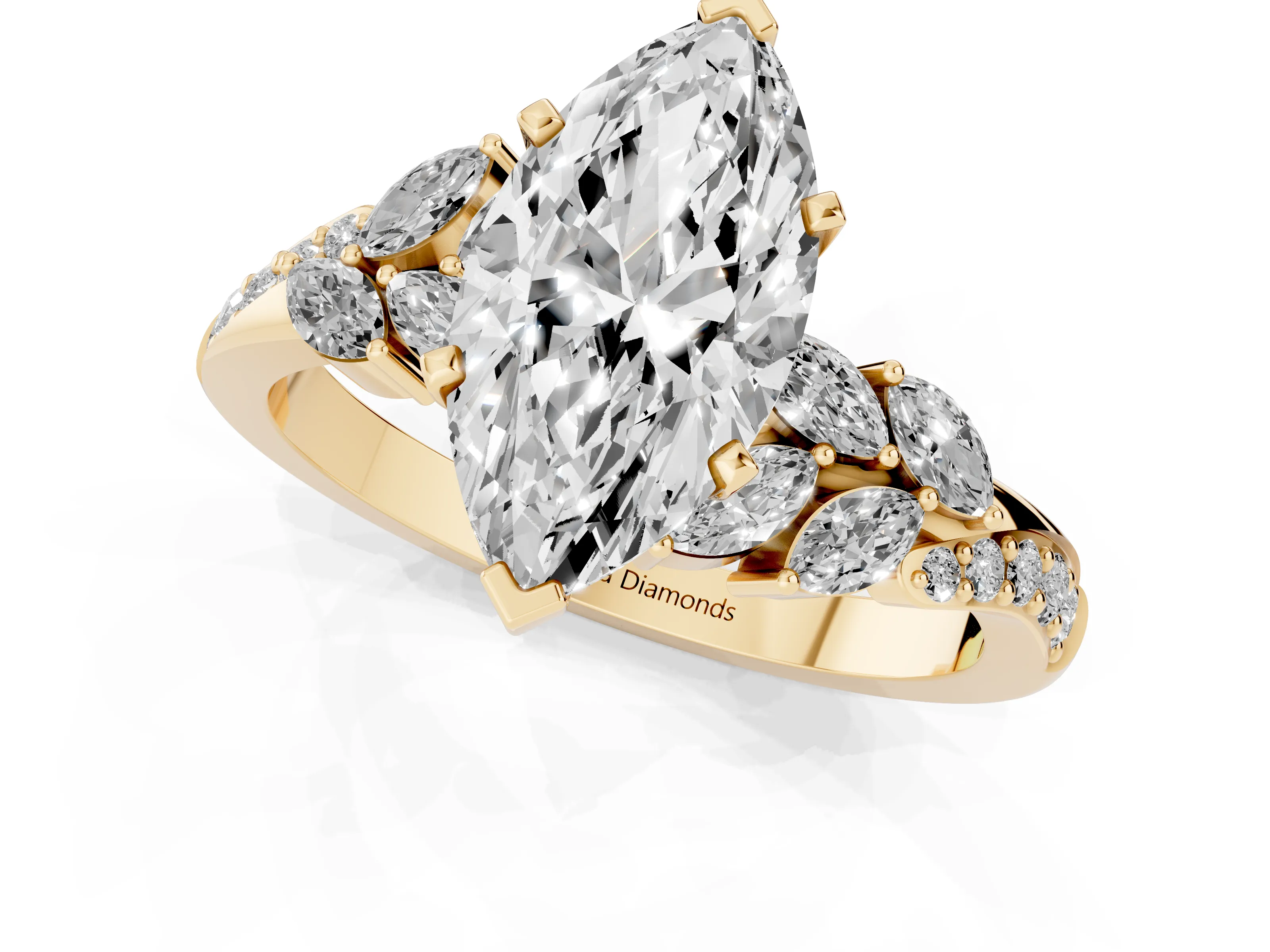 Marquise Cut Diamond Solitaire Ring Set in Yellow gold with Marquise Twist Band and Prong Setting