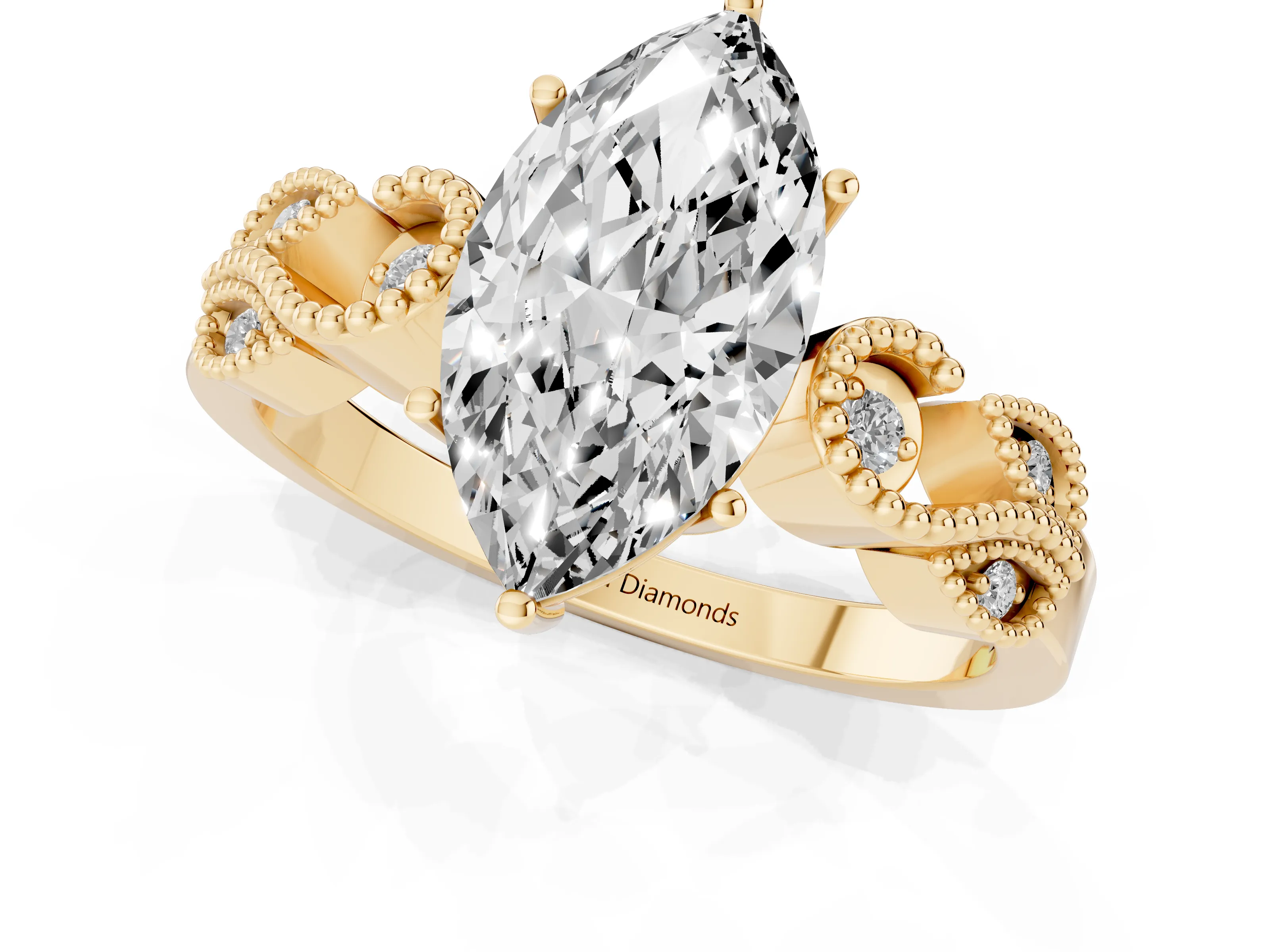 Marquise Cut Diamond Milgrain Leaf Band Solitaire Ring Set in Yellow gold with Accent Stones and Prong Setting