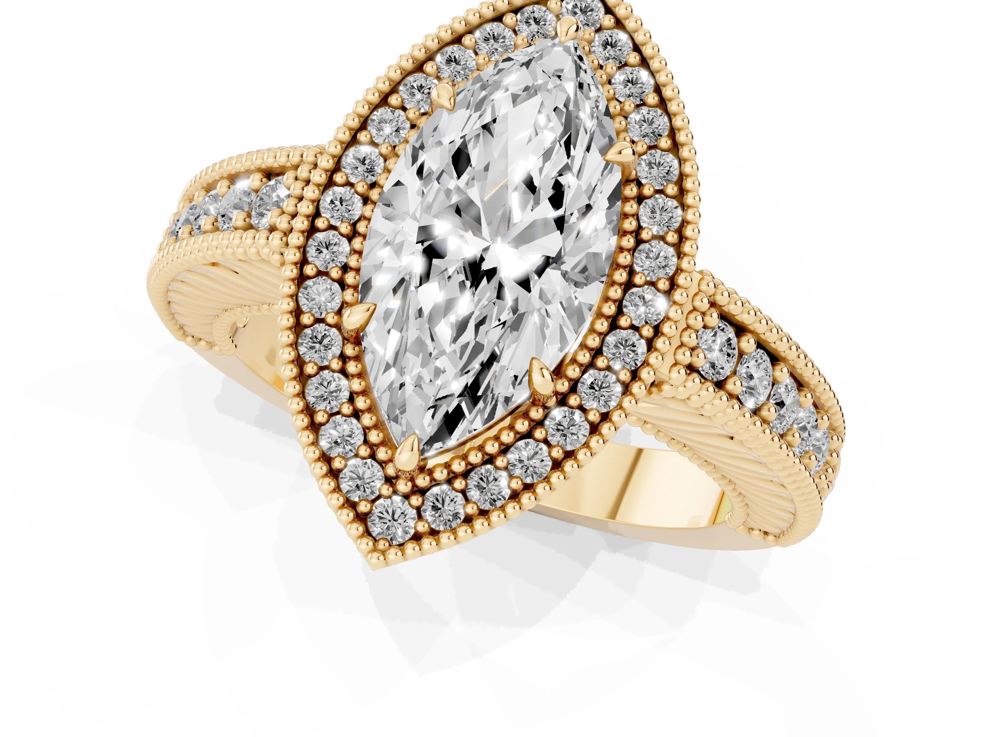 Marquise Cut Diamond Halo Ring Set in Yellow gold with Round Accent Halo, Pavé Band and Prong Setting