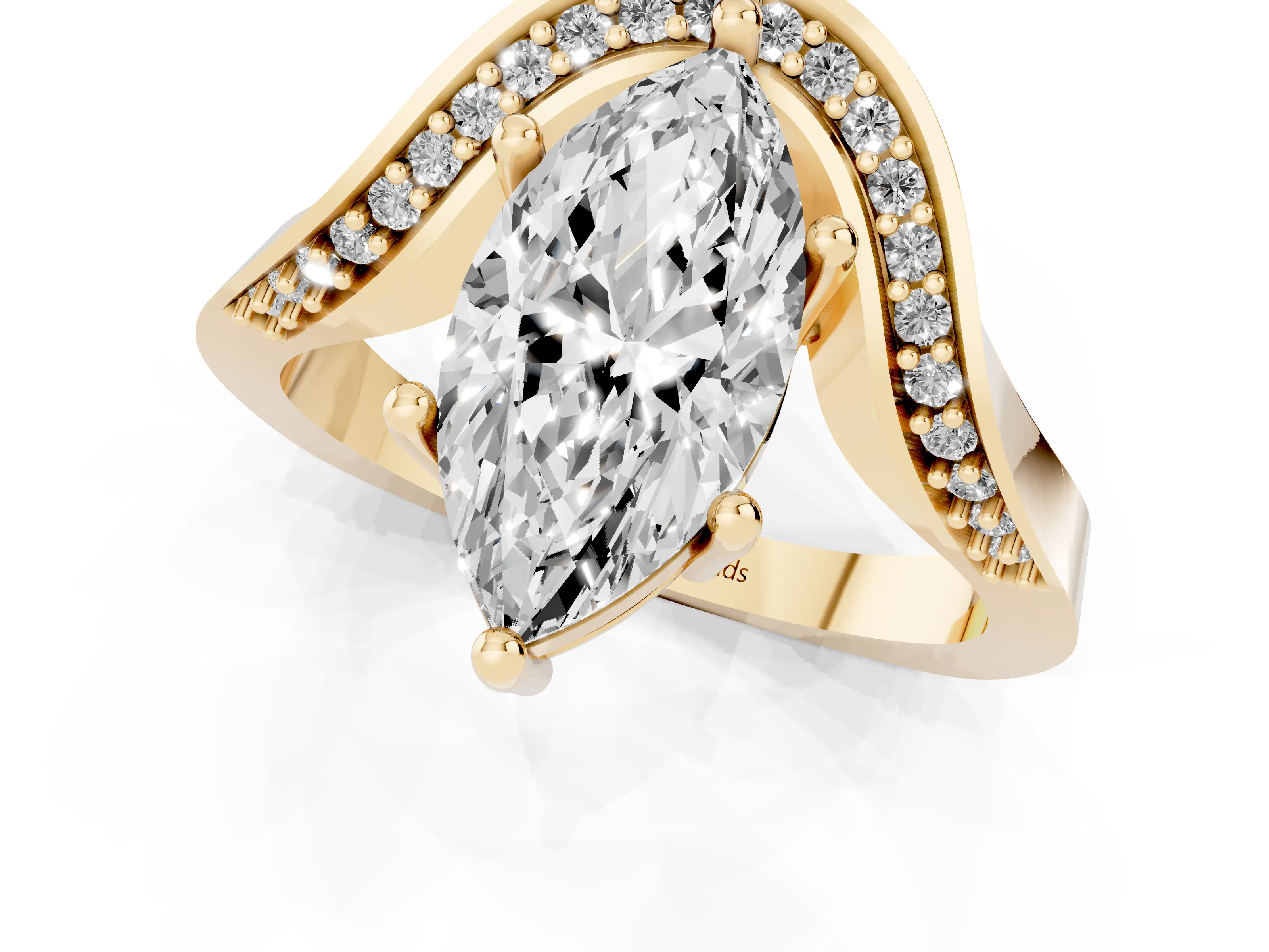 Marquise Cut Diamond Solitaire Engagement Ring Set in Yellow gold with Pavé Shoulders