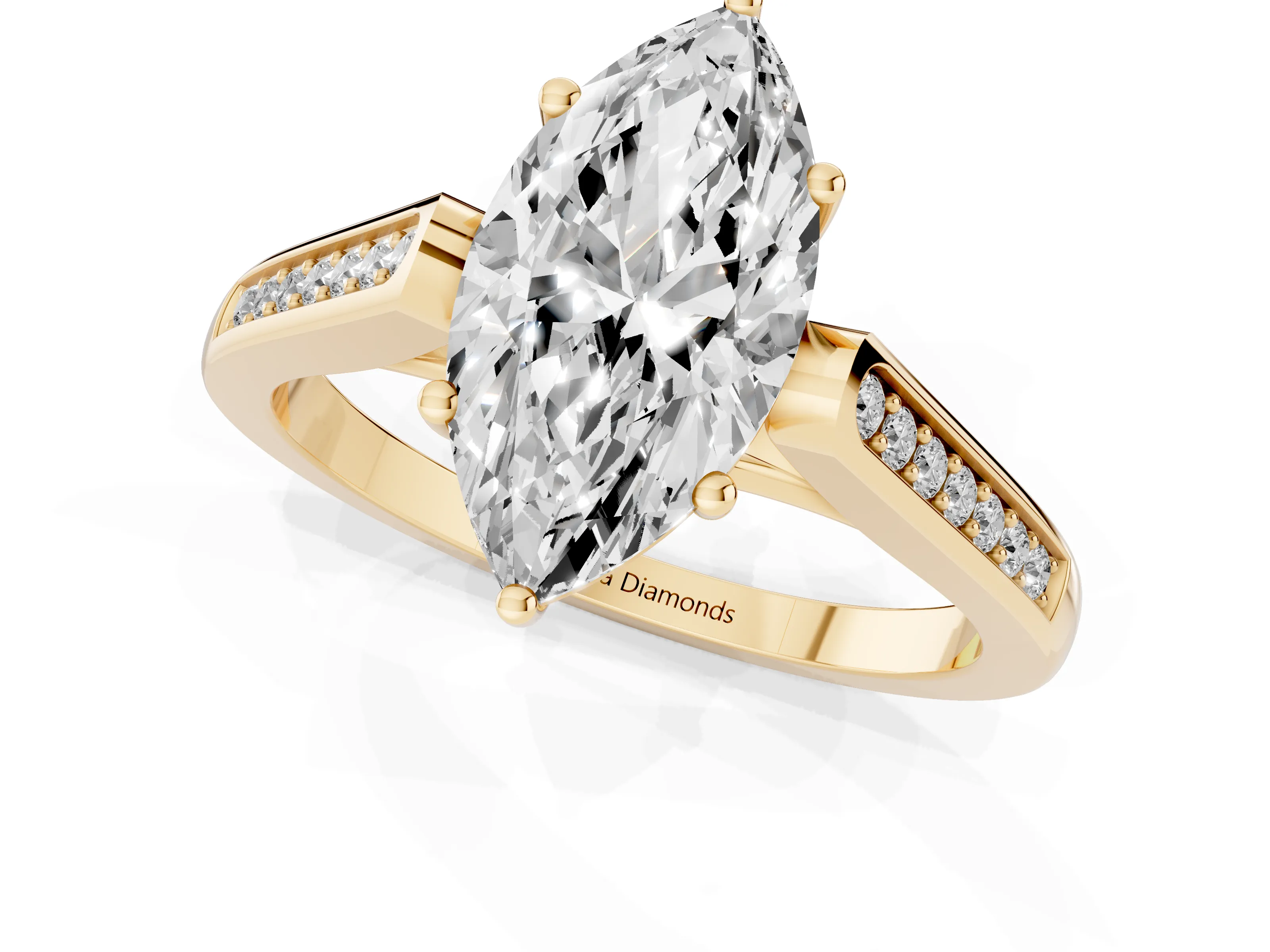 Marquise Cut Diamond Solitaire Cathedral Engagement Ring Set in Yellow gold with Channel-Set Band and Prong Setting