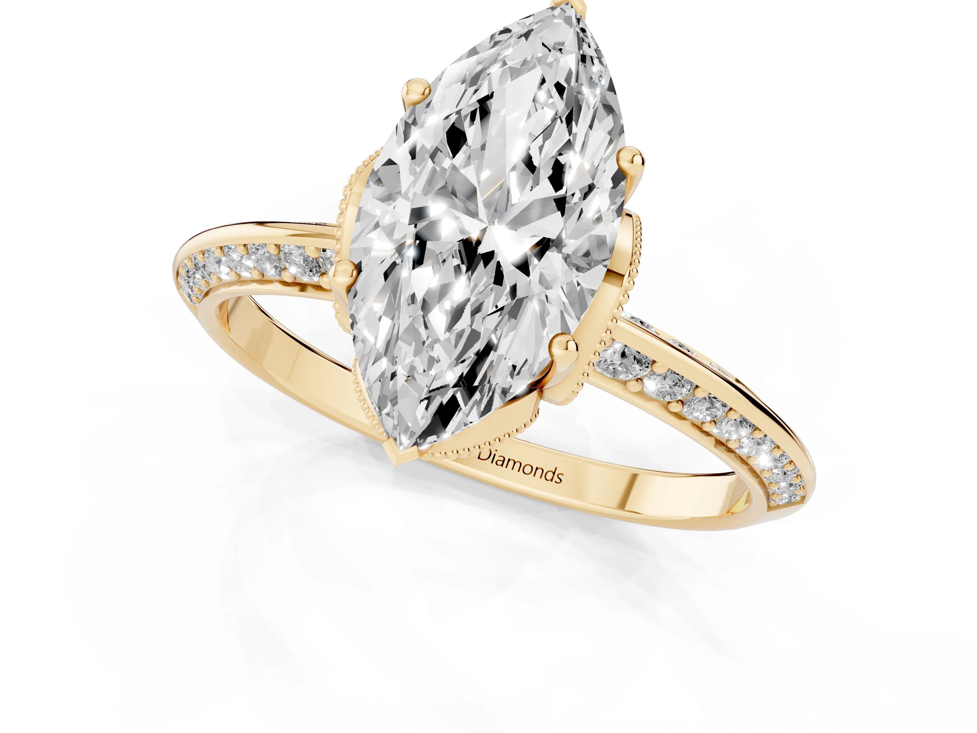 Marquise Cut Diamond Solitaire Engagement Ring Set in Yellow gold with Pavé Split Shank and Prong Setting