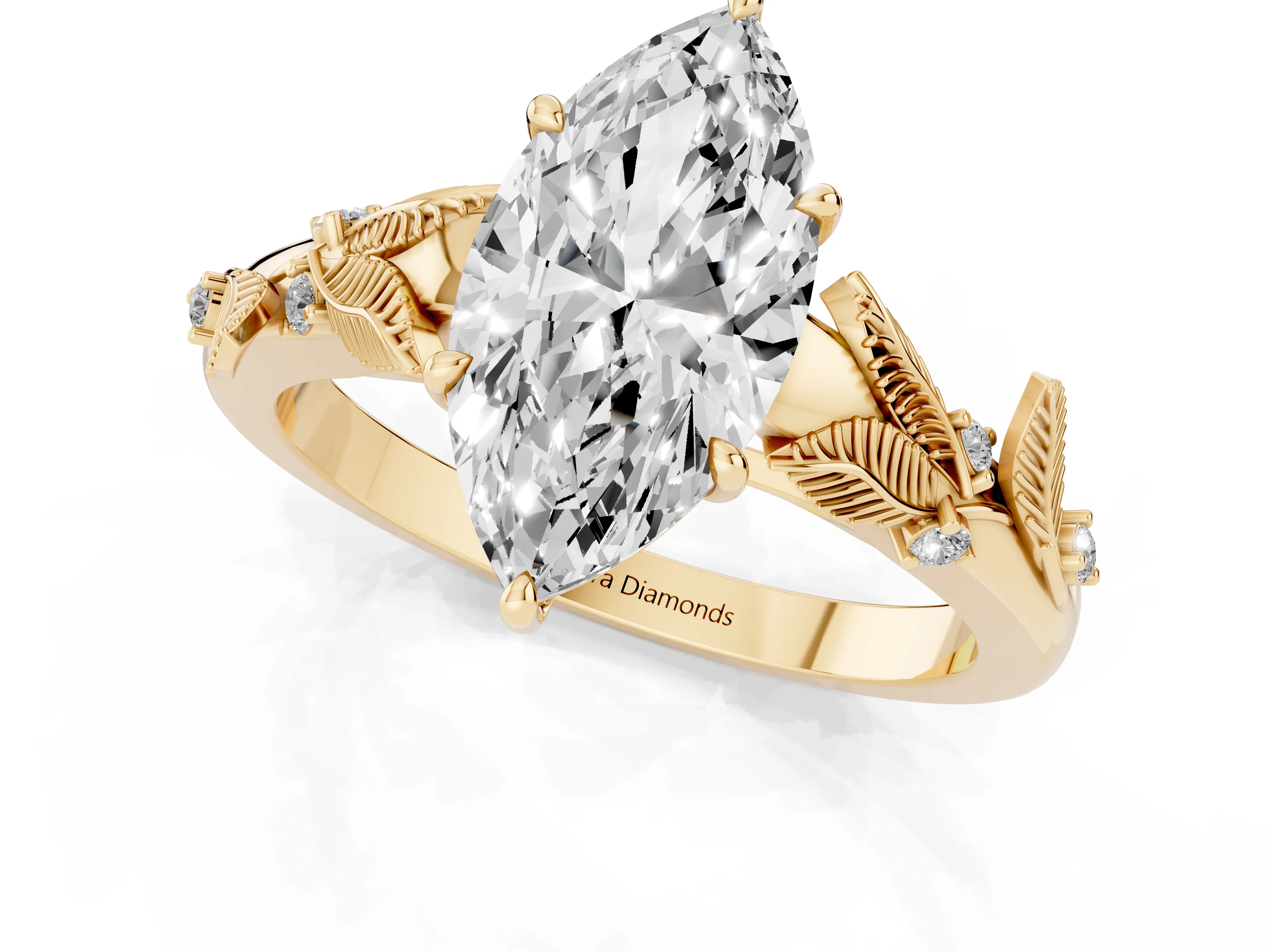 Marquise Cut Diamond Solitaire Ring Set in Yellow gold with Leaf Motif Band