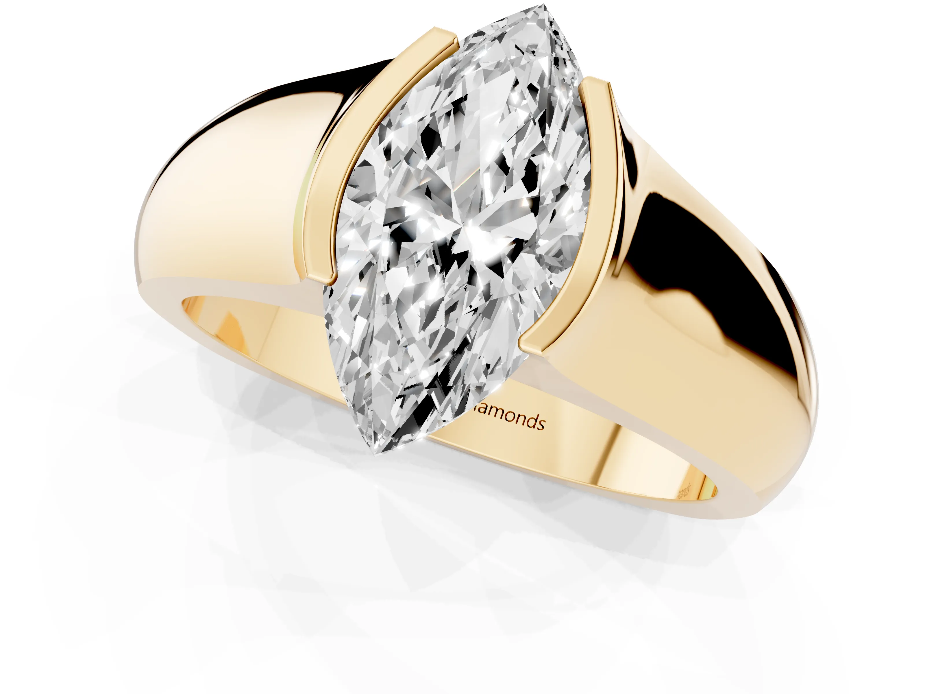 Marquise Cut Diamond Bezel Solitaire Ring Set in Yellow gold with Wide Band