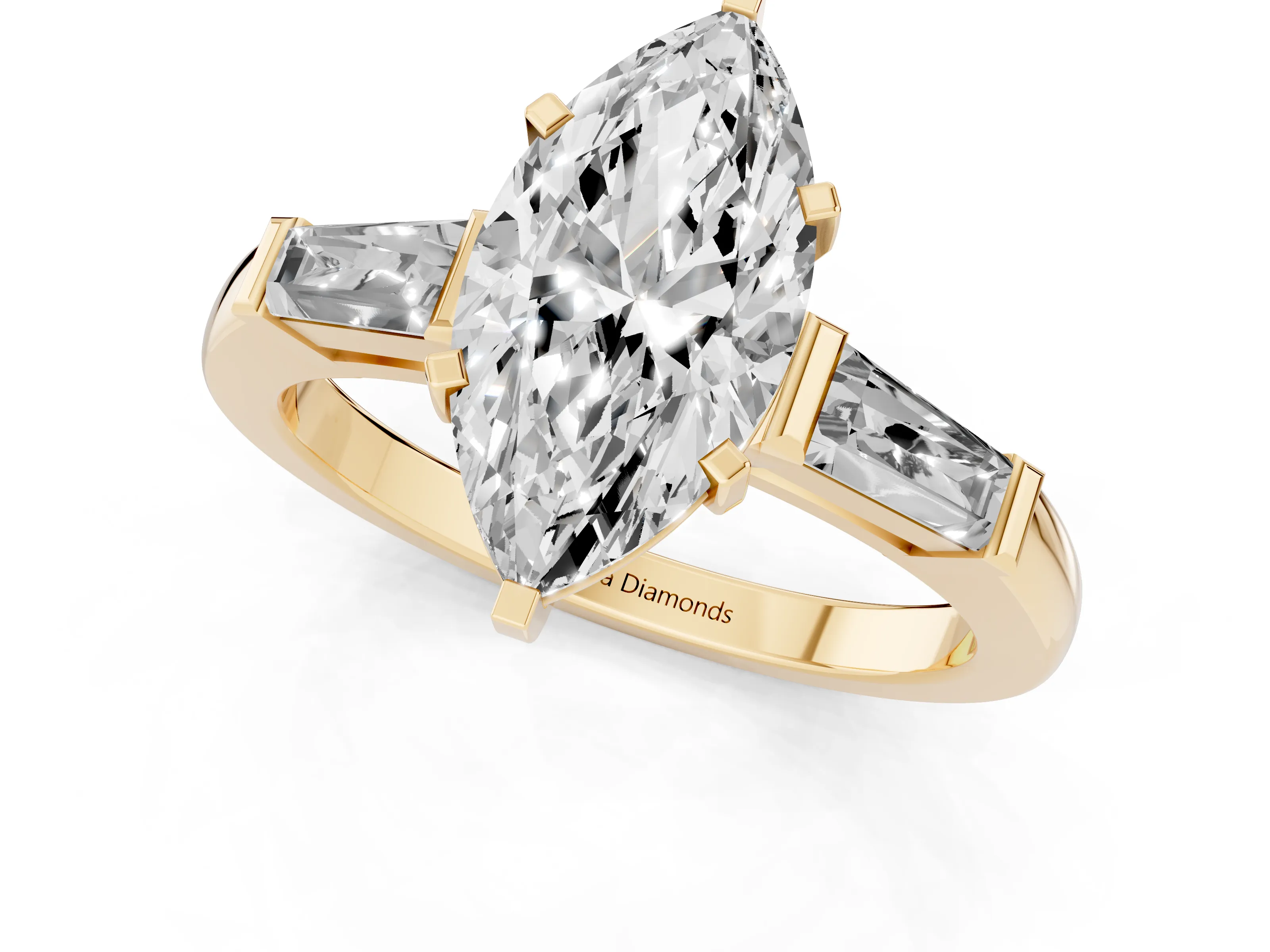 Marquise Cut Diamond Solitaire Ring Set in Yellow gold with Tapered Baguette Side Stones and Prong Setting