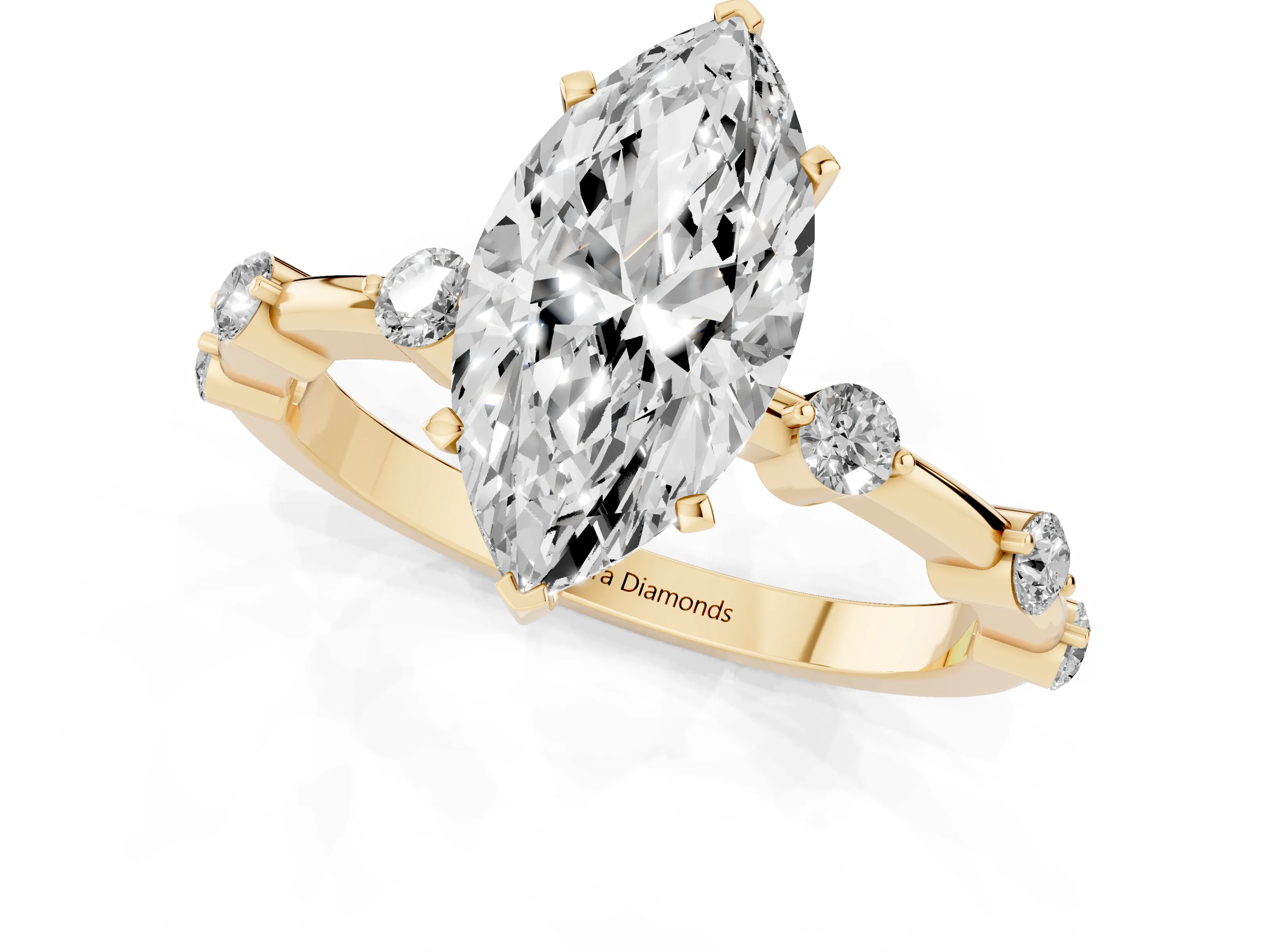 Marquise Cut Diamond Solitaire Ring Set in Yellow gold with Bezel Set Side Stones and Prong Setting
