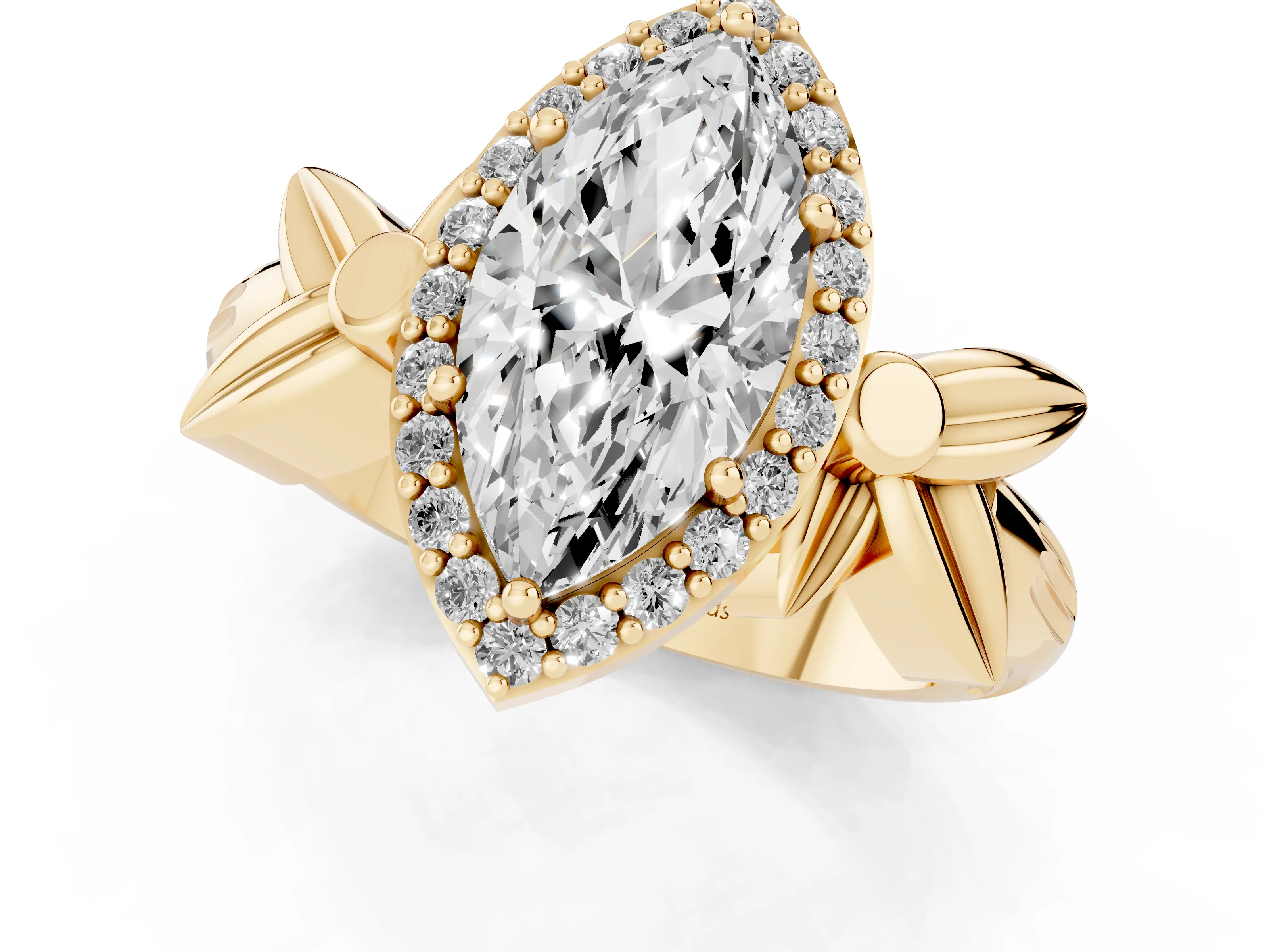 Marquise Cut Diamond Halo Floral Band Ring Set in Yellow gold with Prong Setting – second view