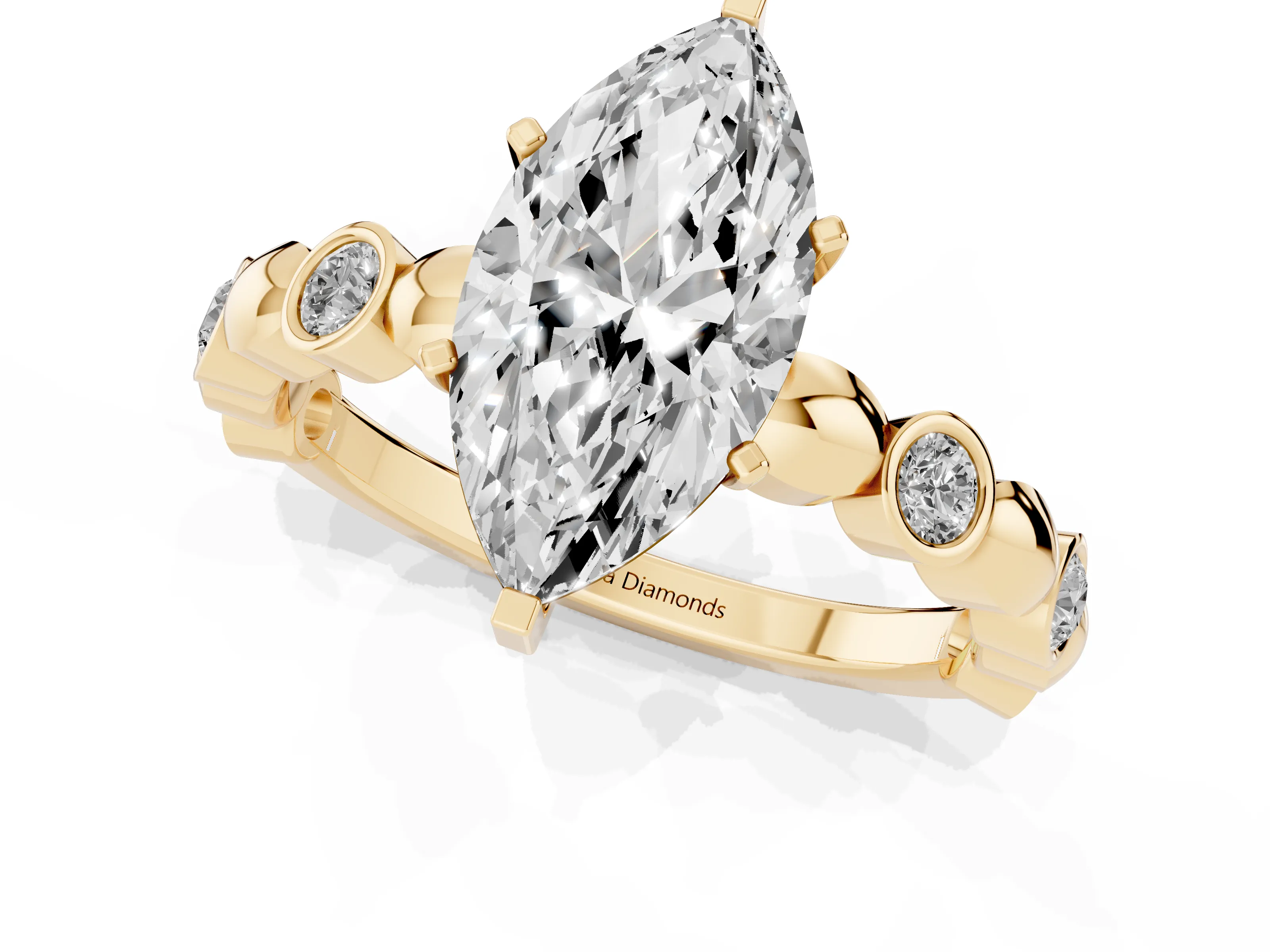 Marquise Cut Diamond Solitaire Ring Set in Yellow gold with Bezel-Set Accents on Beaded Band and Prong Setting