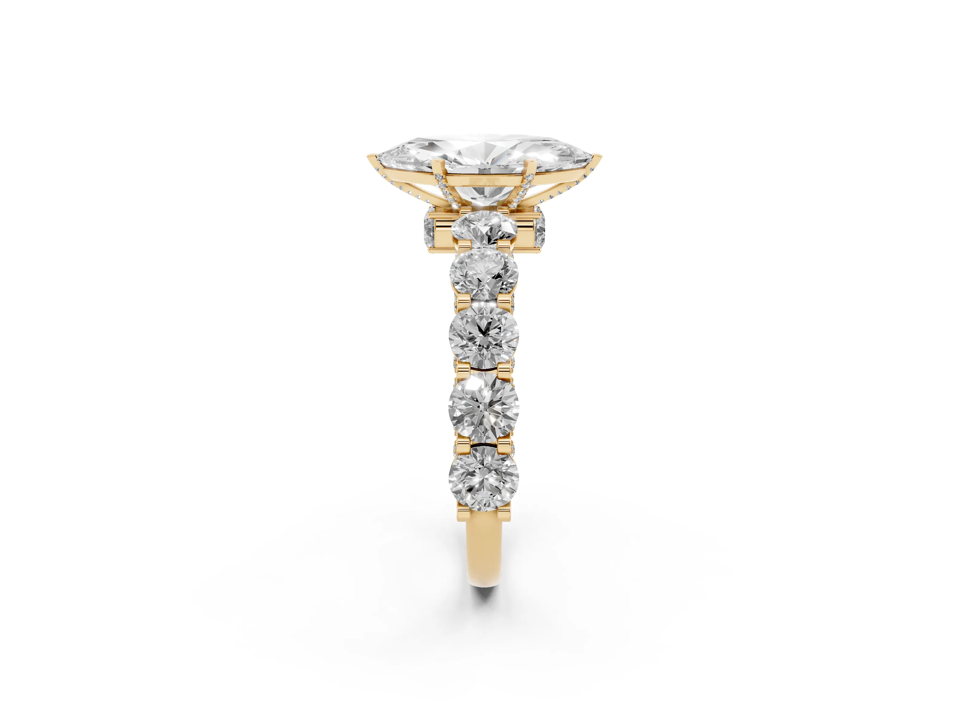 Marquise Cut Diamond Side Stone Ring Set in Yellow gold with Alternating Round and Oval Side Stones