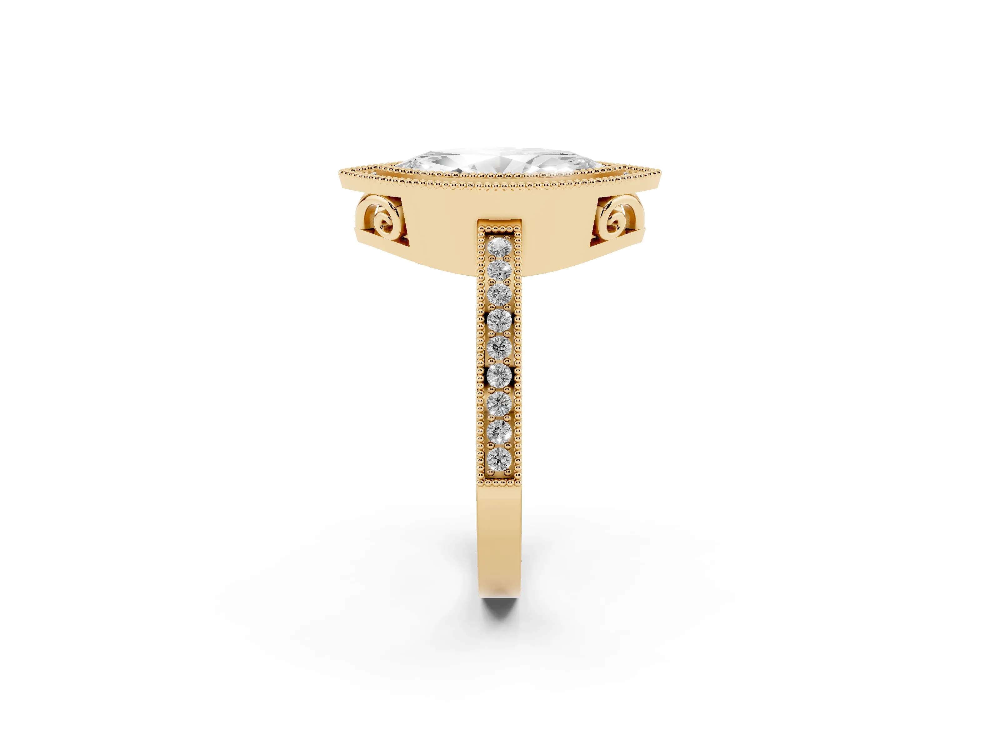 Marquise Cut Diamond Halo Ring Set in Yellow gold with Pavé Band and Milgrain-Edged Prongs