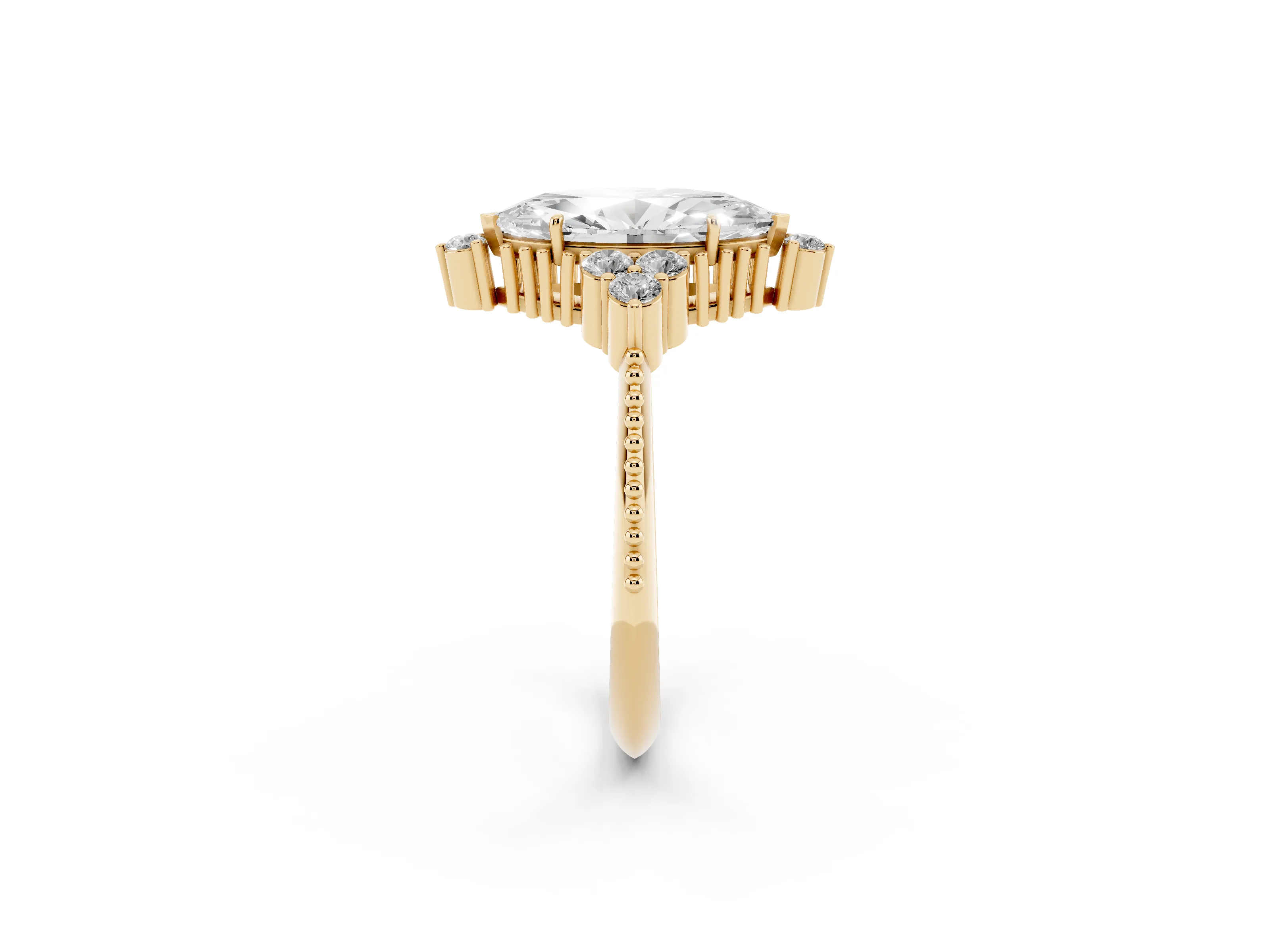 Marquise Cut Diamond Cluster Ring Set in Yellow gold with Beaded Band