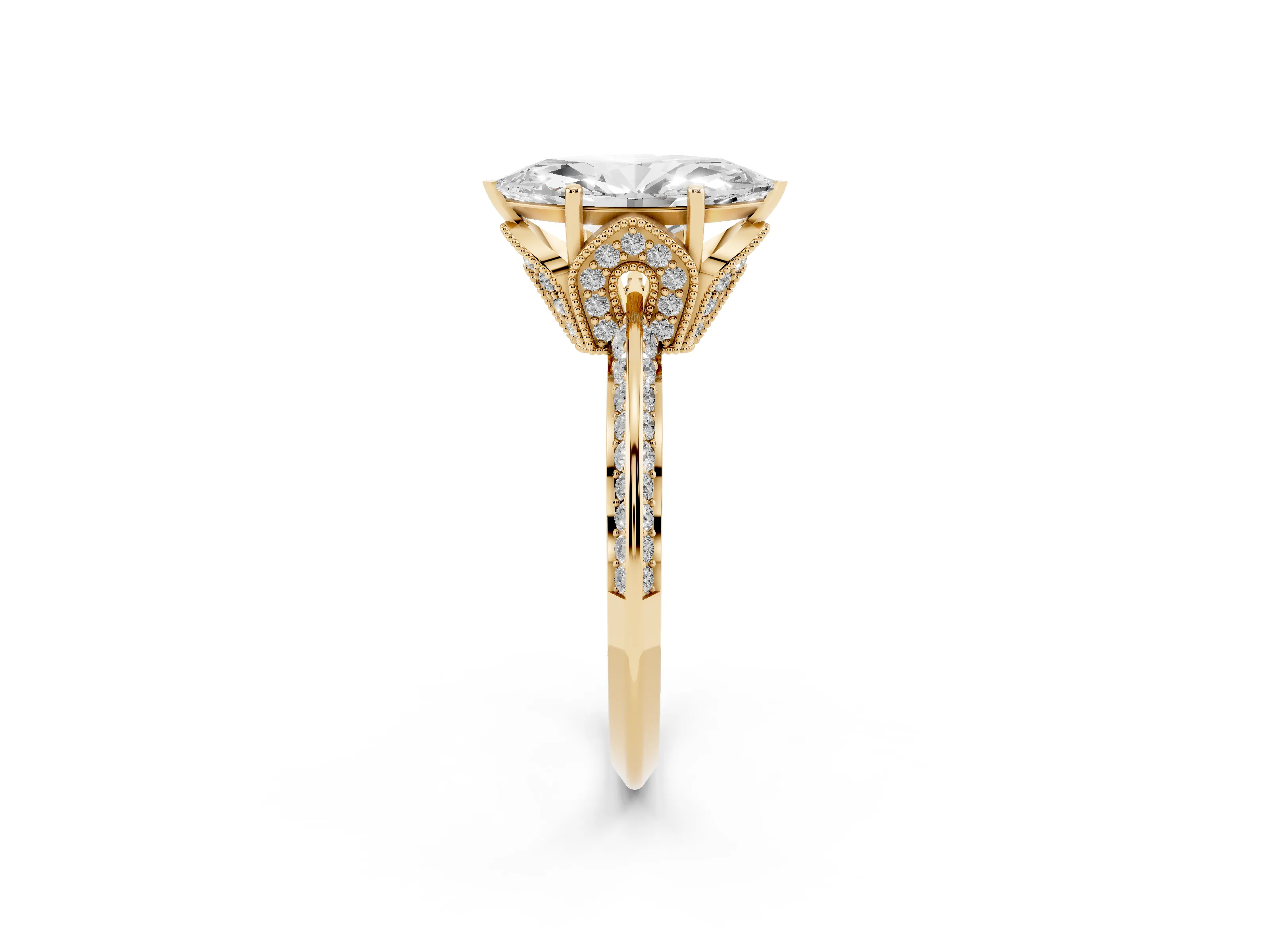 Marquise Cut Diamond Solitaire Engagement Ring Set in Yellow gold with Pavé Split Shank and Prong Setting