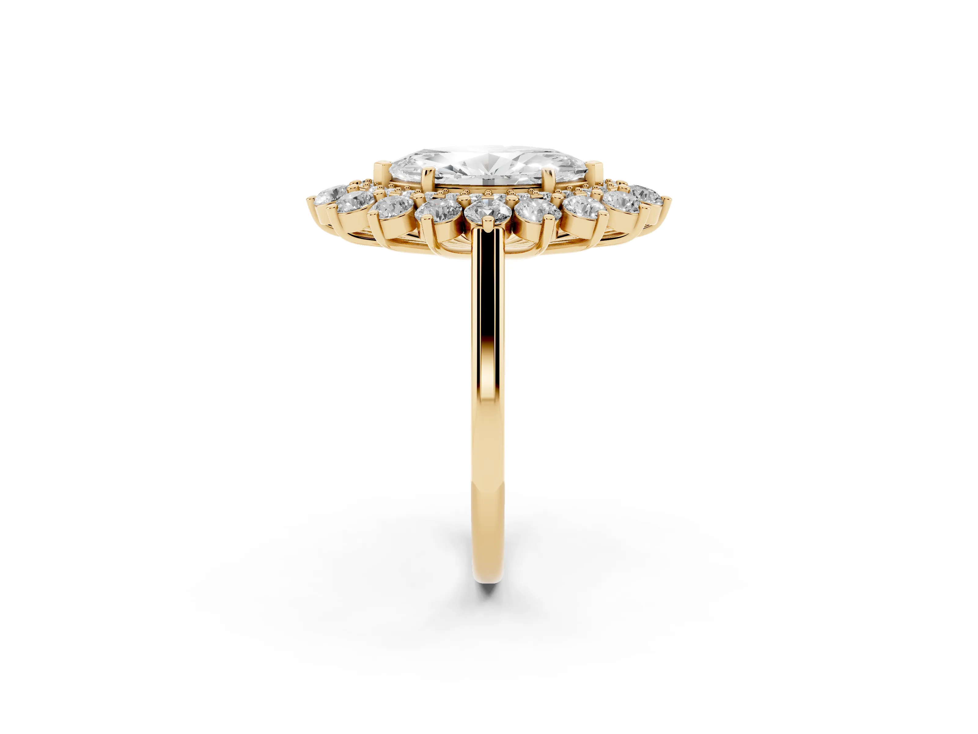 Marquise Cut Diamond Floral Double Halo Ring Set in Yellow gold with Round Petals