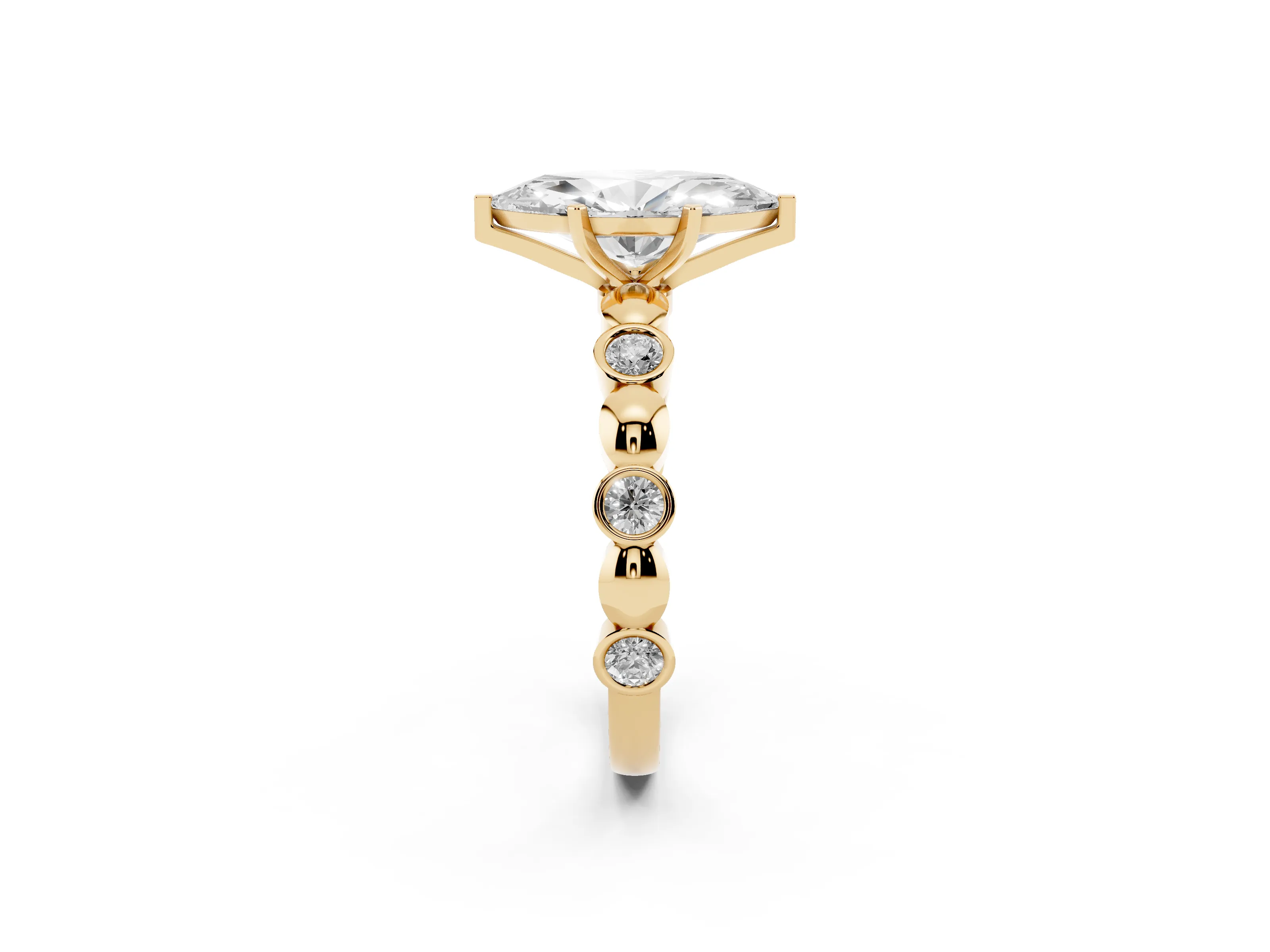Marquise Cut Diamond Solitaire Ring Set in Yellow gold with Bezel-Set Accents on Beaded Band and Prong Setting