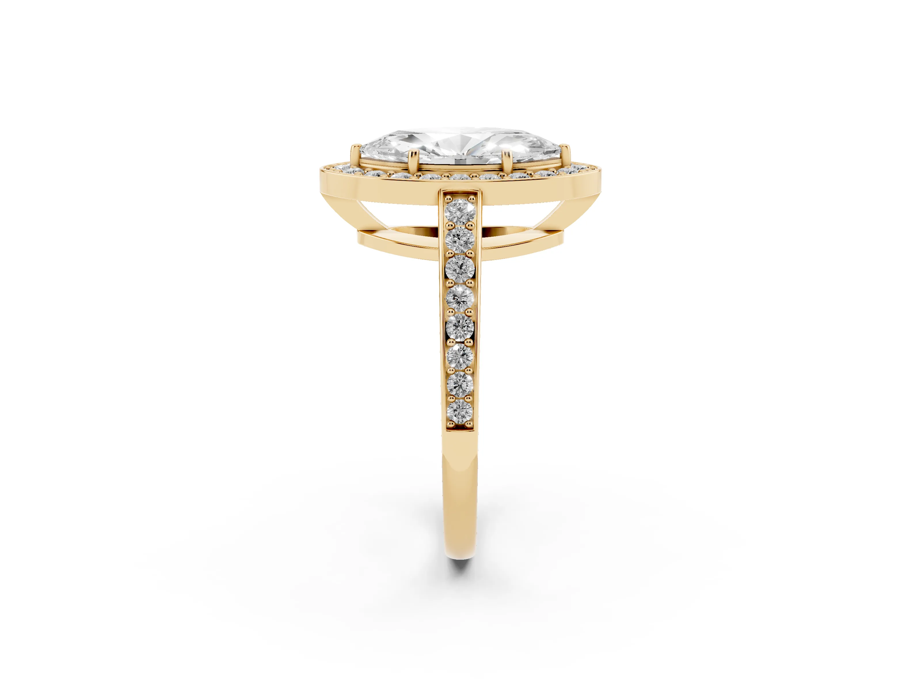 Marquise Cut Diamond Halo Pavé Engagement Ring Set in Yellow gold with Bezel Setting