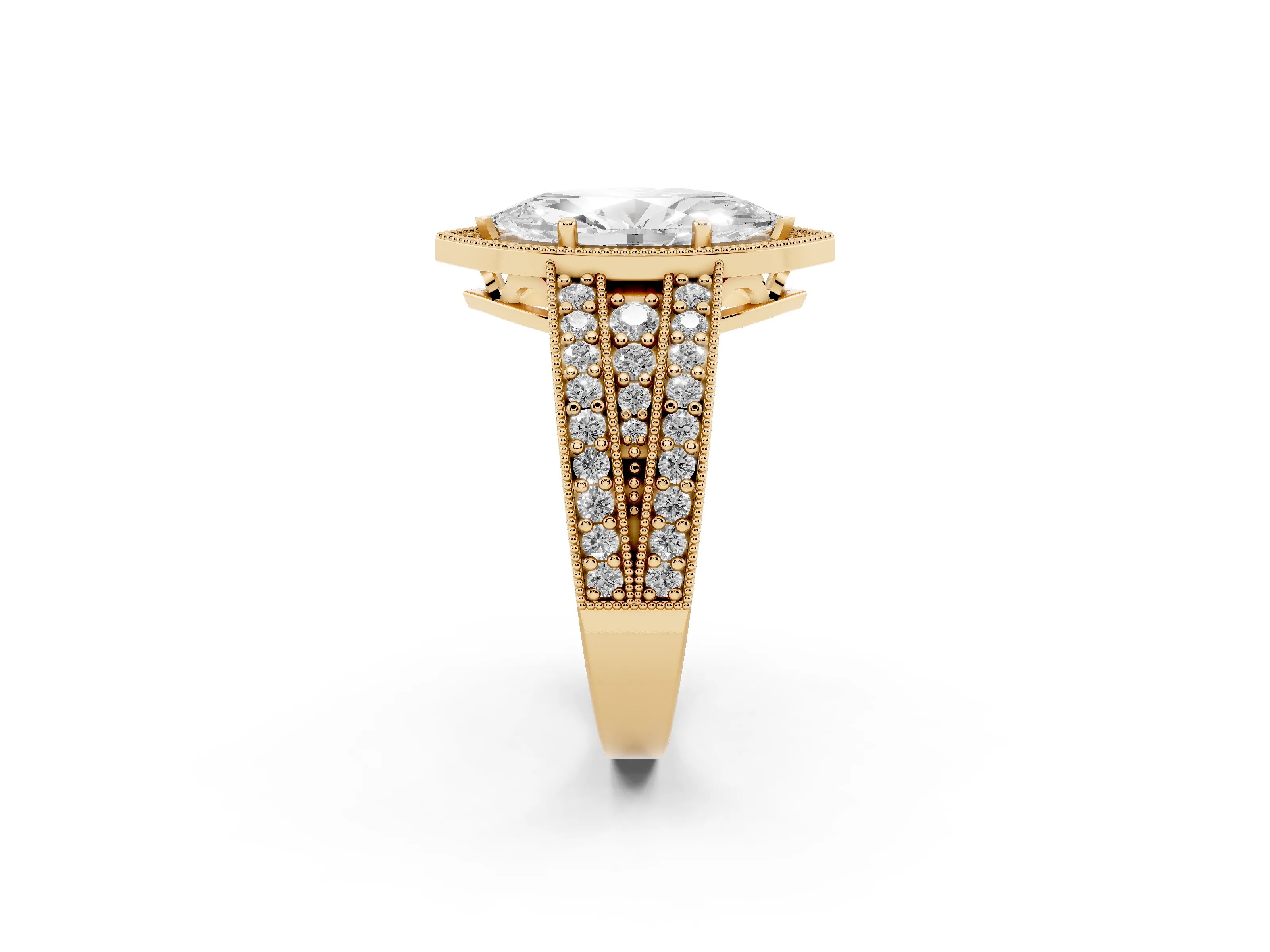 Marquise Cut Diamond Halo Ring Set in Yellow gold with Accent Split Shank and Prong Setting