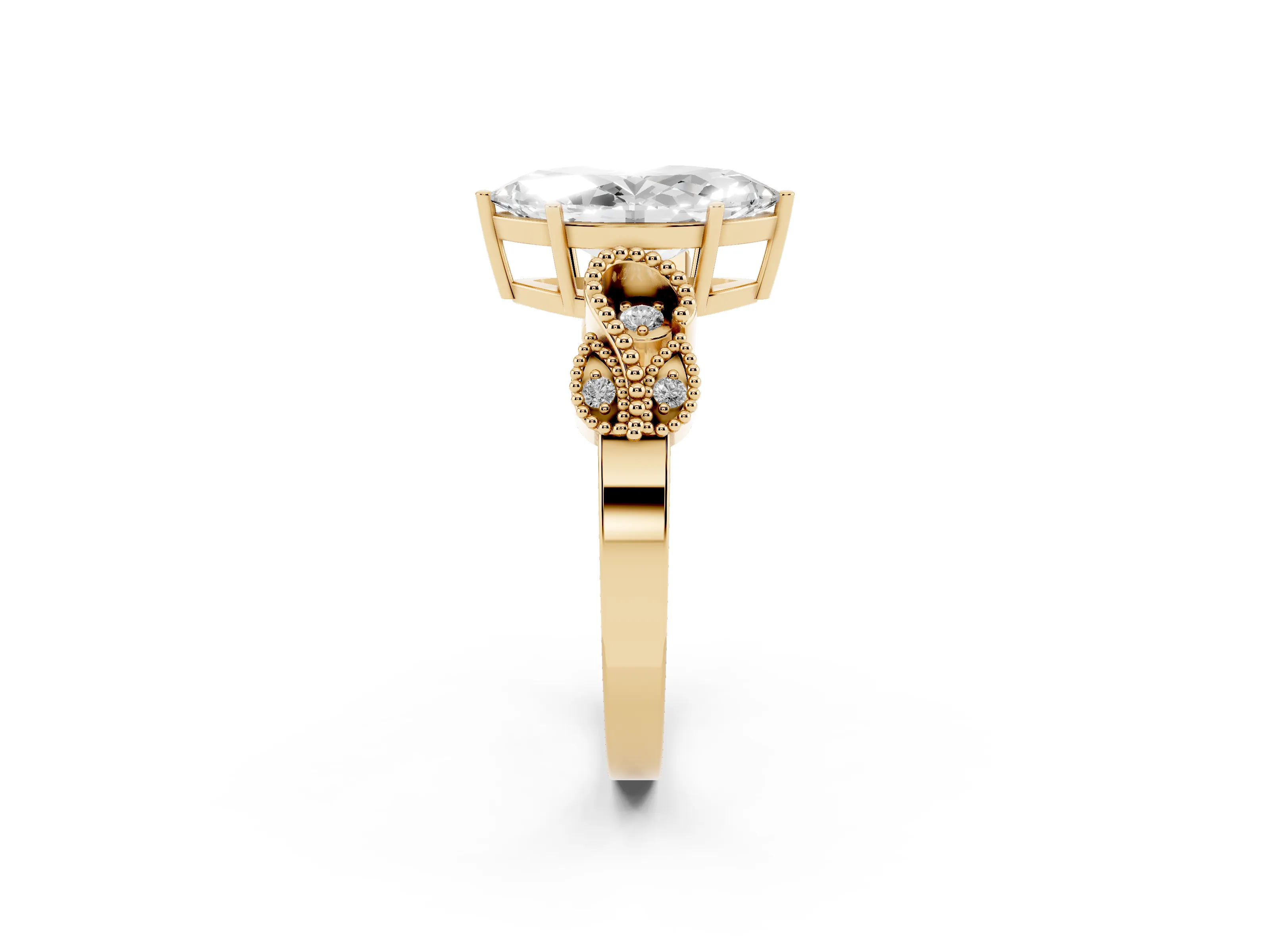 Marquise Cut Diamond Milgrain Leaf Band Solitaire Ring Set in Yellow gold with Accent Stones and Prong Setting