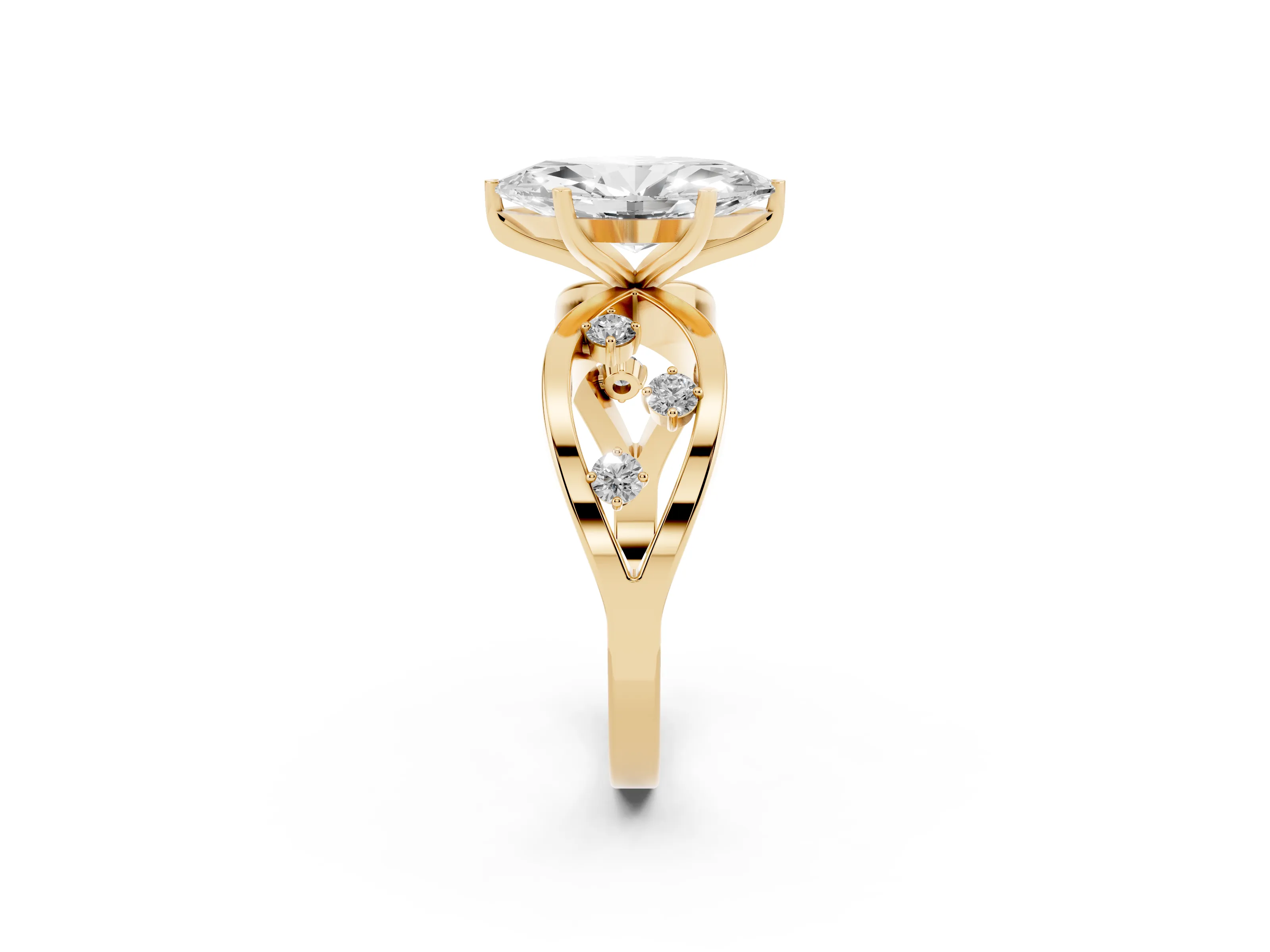 Marquise Cut Diamond Solitaire Ring Set in Yellow gold with Side Stones on Criss-Cross Band and Prong Setting
