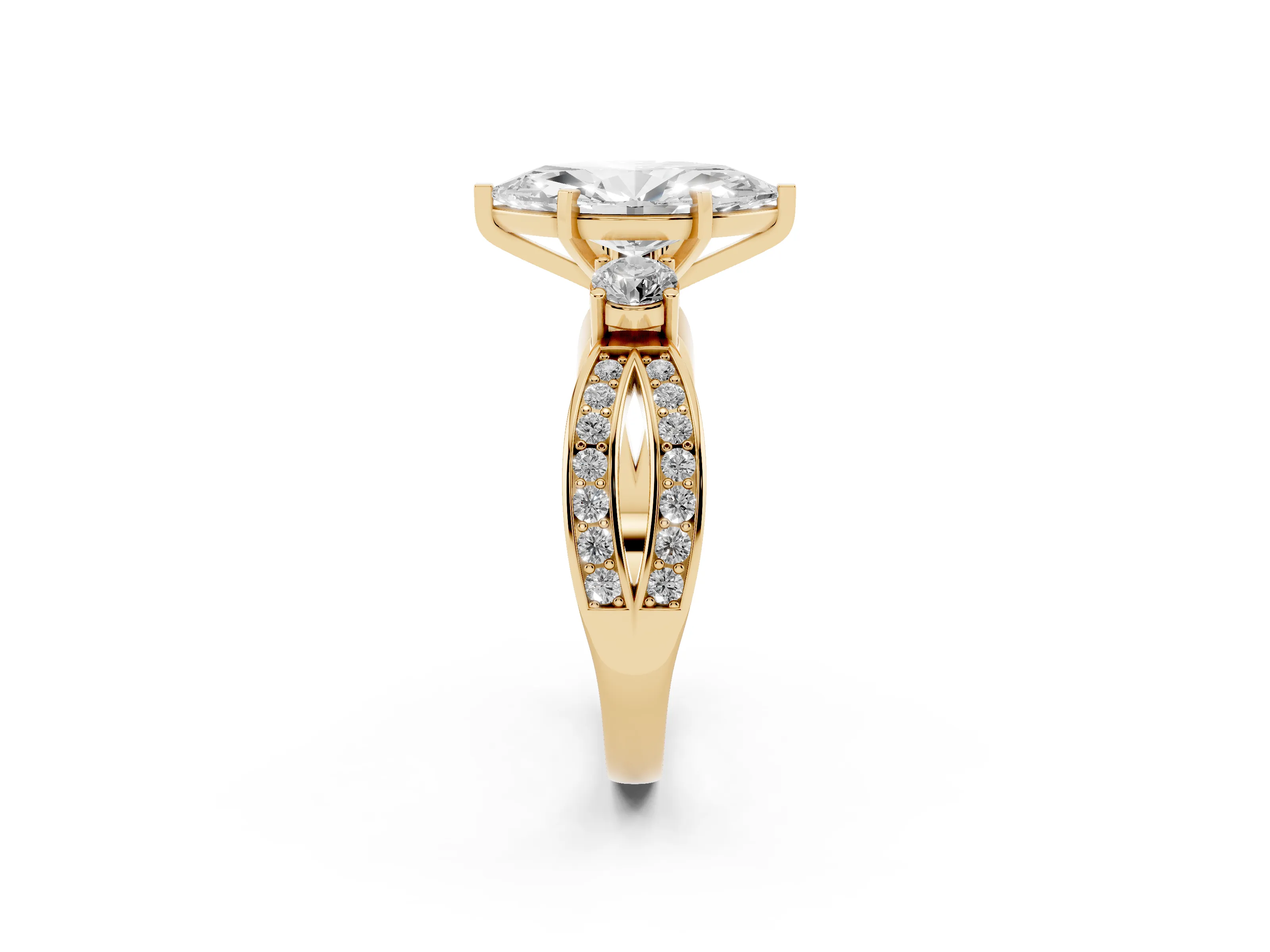 Three-Stone Marquise Cut Diamond Twist Band Ring Set in Yellow gold with Pavé Accents and Prong Setting