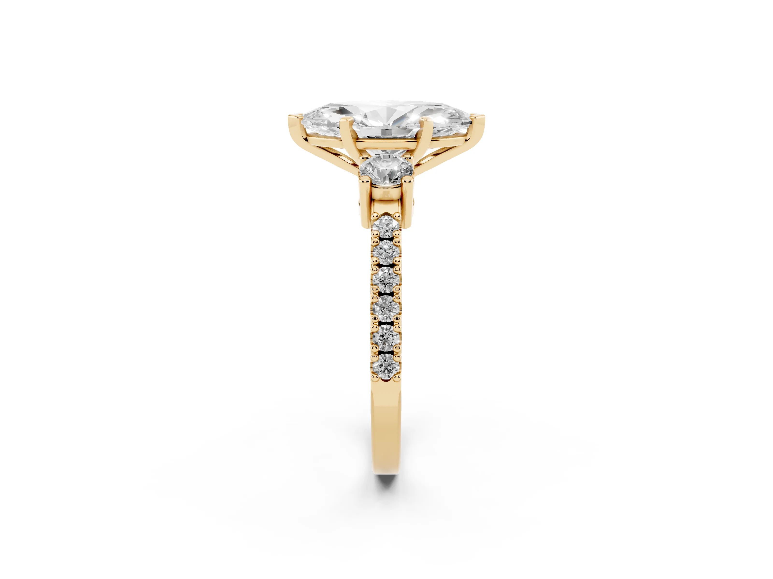 Three-Stone Marquise Cut Diamond Pavé Band Ring Set in Yellow gold with Prong Setting