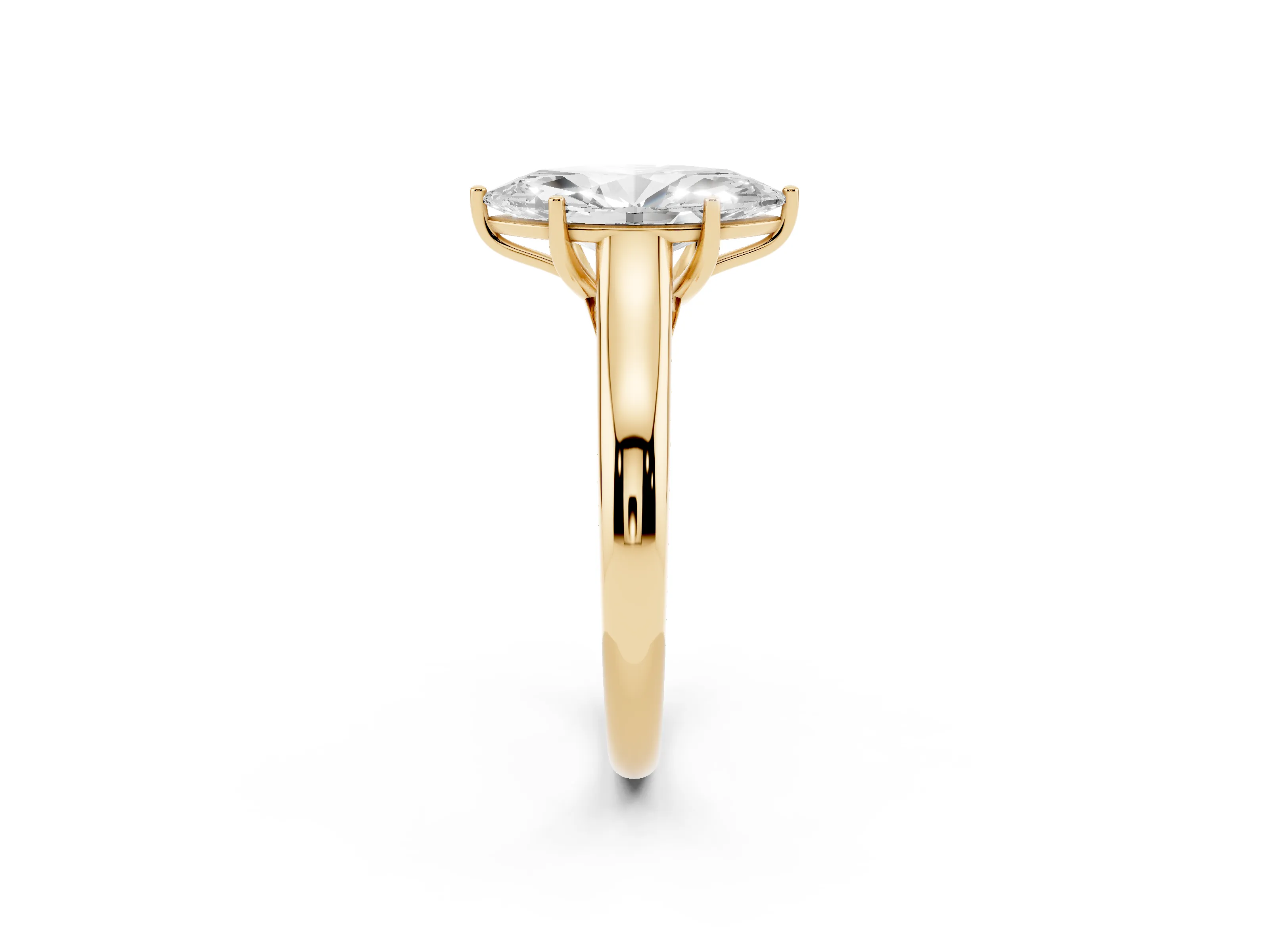 Marquise Cut Diamond Solitaire Engagement Ring Set in Yellow gold with Subtly Tapered Band and Prong Setting