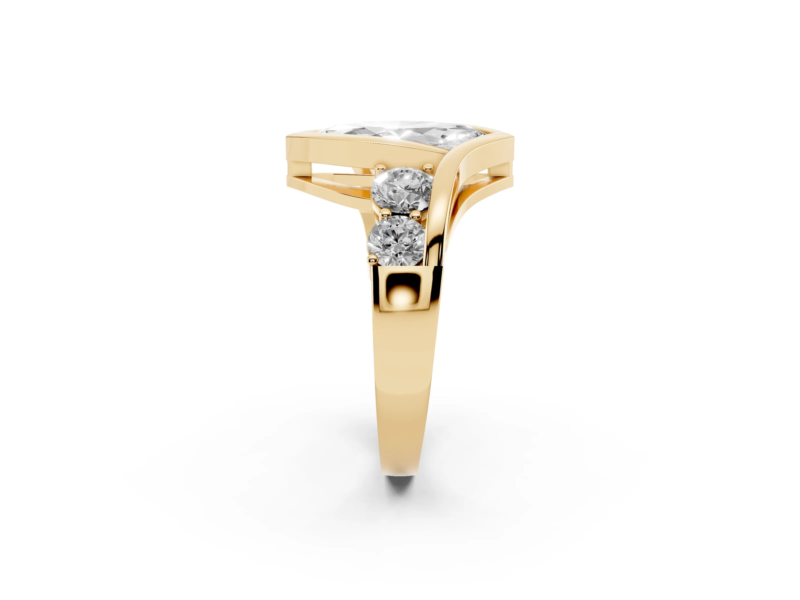 Marquise Cut Diamond Bezel Bypass Ring Set in Yellow gold with Round Accents