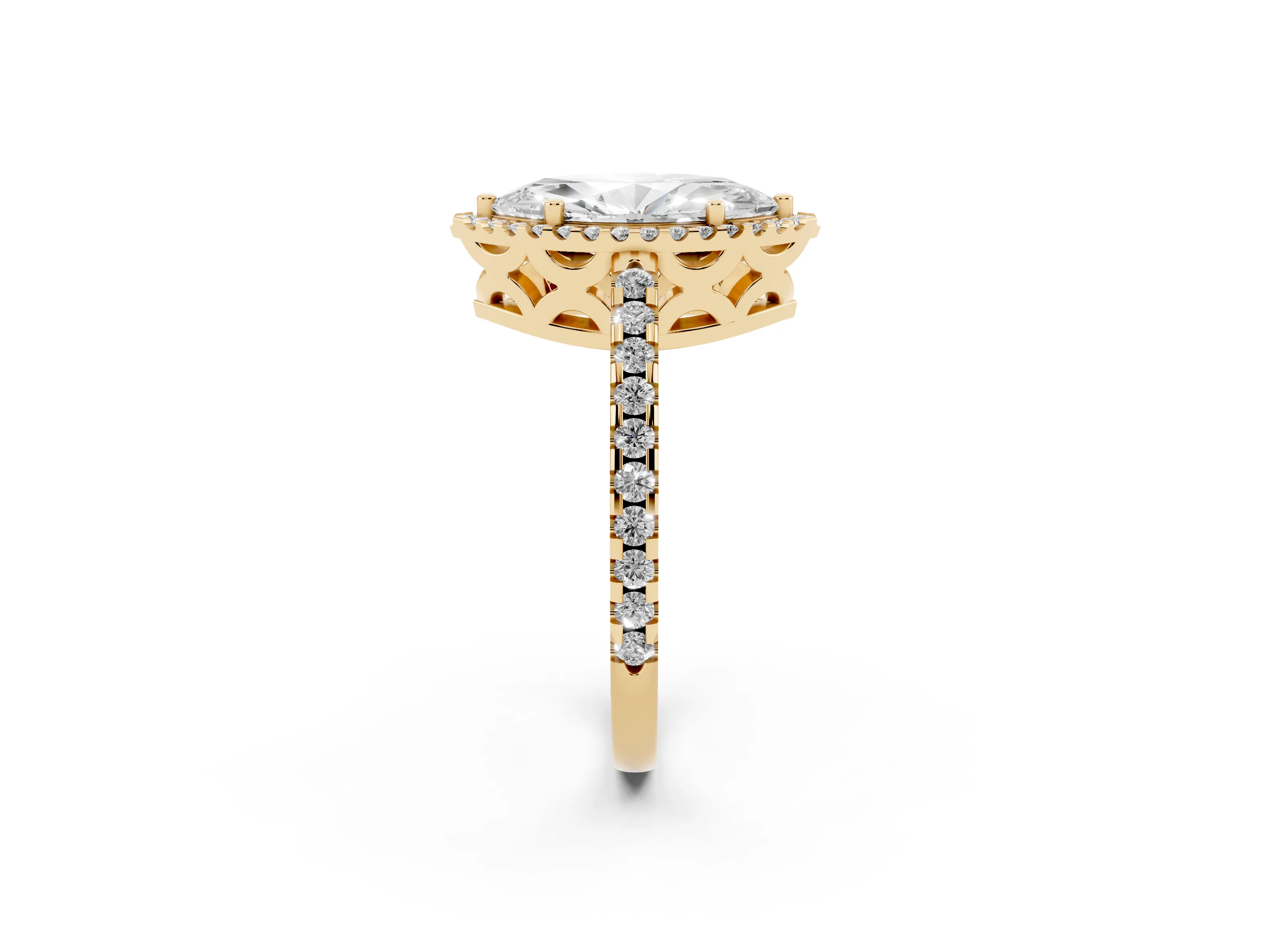 Marquise Cut Diamond Halo Ring Set in Yellow gold with Pavé Shoulders and Halo-Framed Center