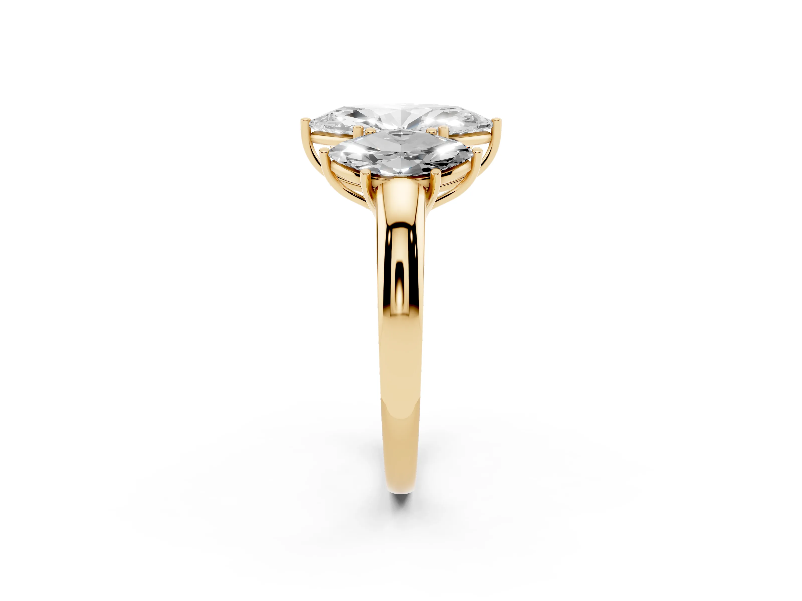 Marquise Cut Diamond Three-Stone Ring Set in Yellow gold with Bold Center and Classic Band