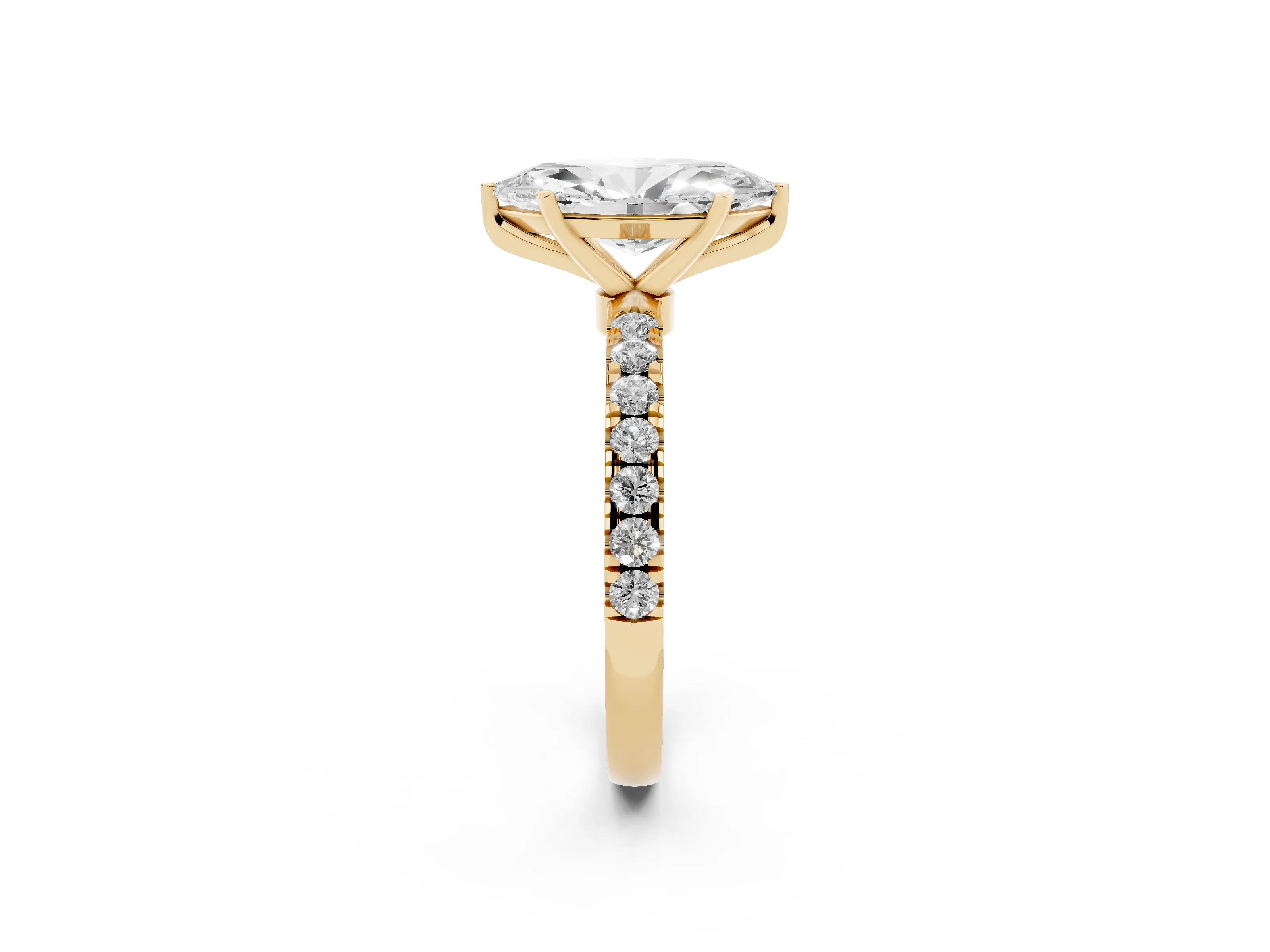 Marquise Cut Diamond Solitaire Ring Set in Yellow gold with Pavé Accents and Prong Setting
