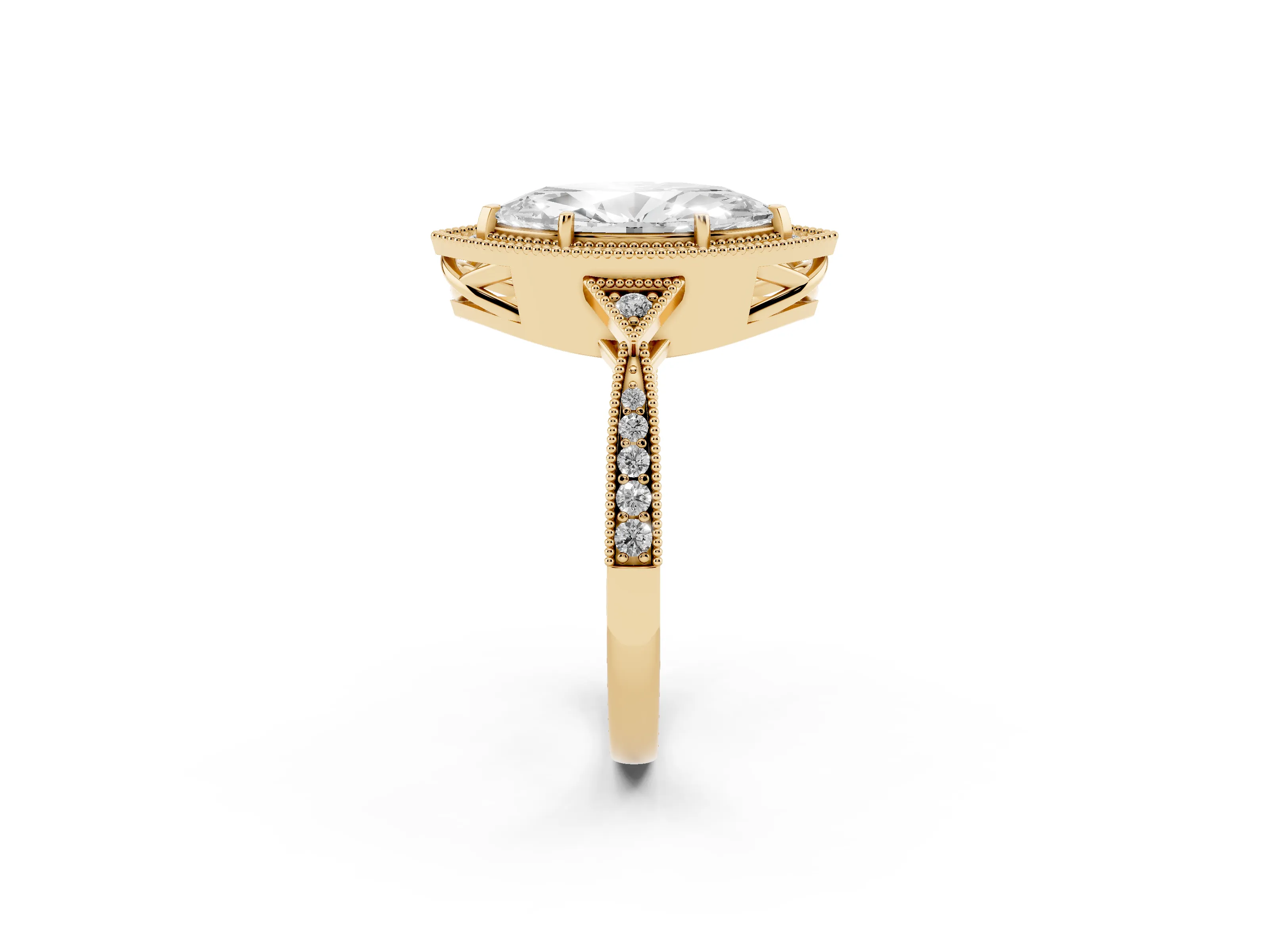 Marquise Cut Diamond Halo Engagement Ring Set in Yellow gold with Milgrain Pavé Band
