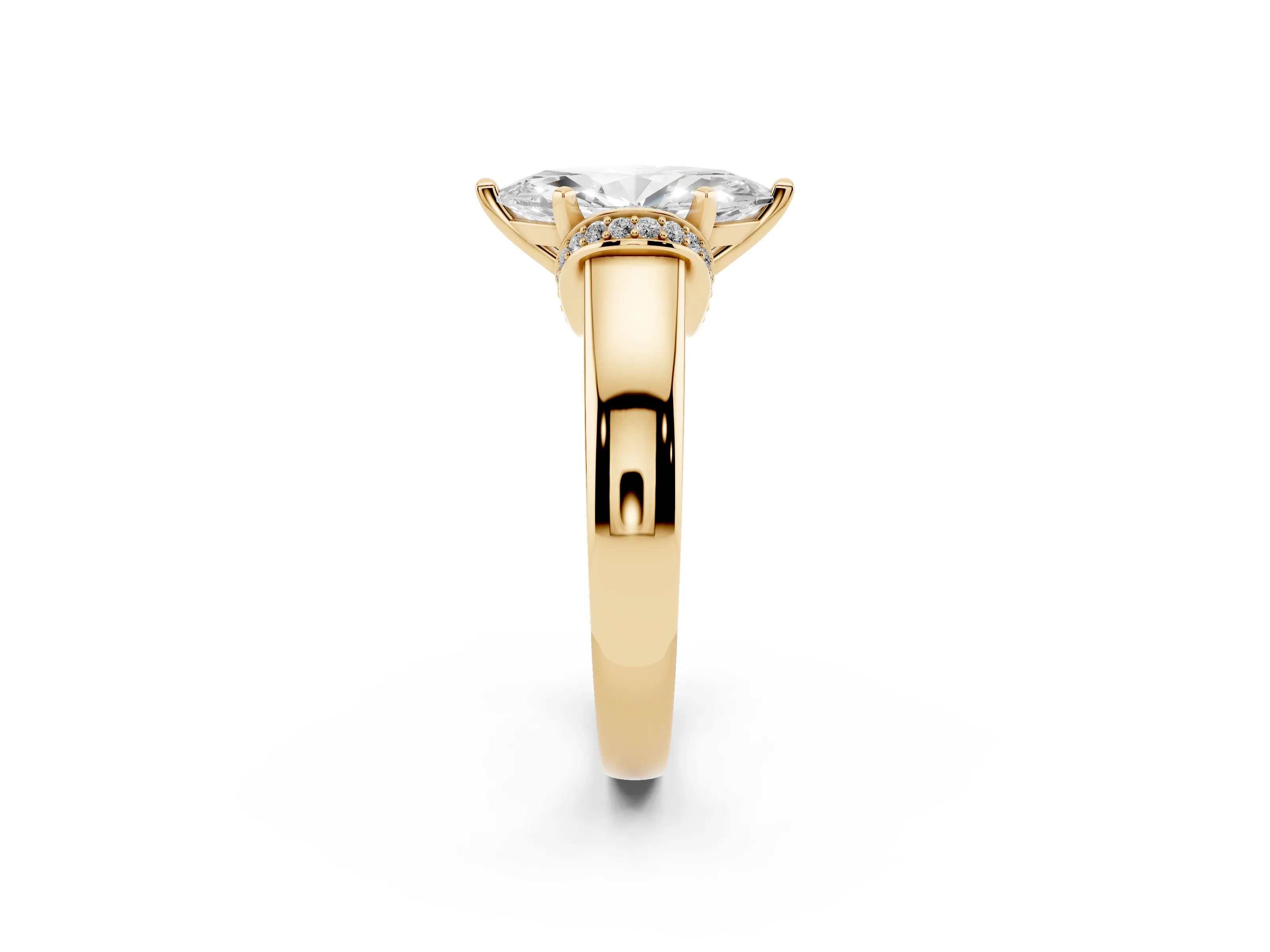 Marquise Cut Diamond Pavé Band Solitaire Ring Set in Yellow gold with Prong Setting