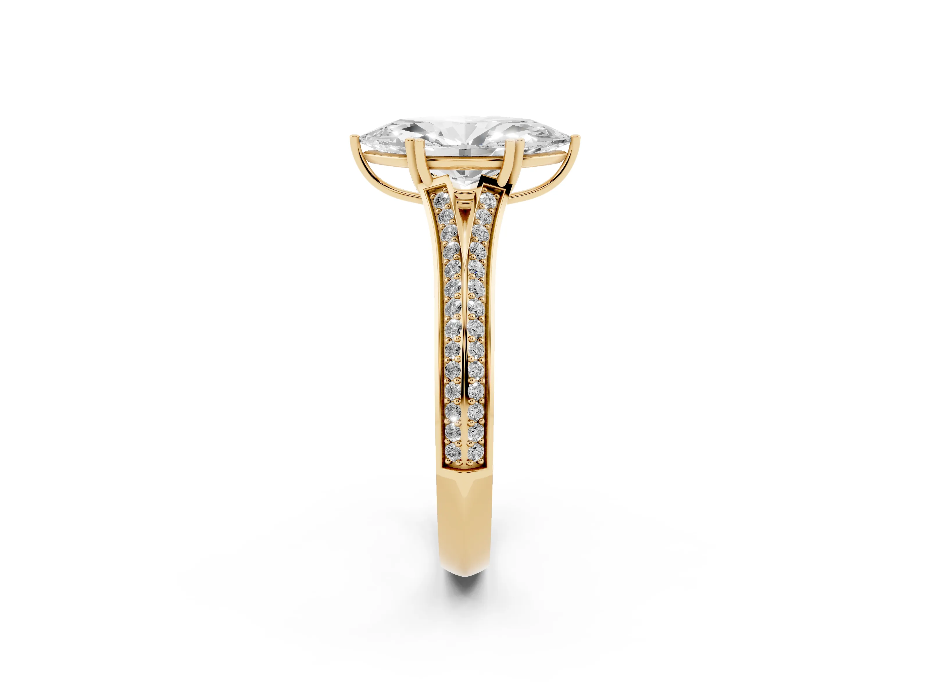Marquise Cut Diamond Split Shank Pavé Engagement Ring Set in Yellow gold with Prong-Set Center Stone