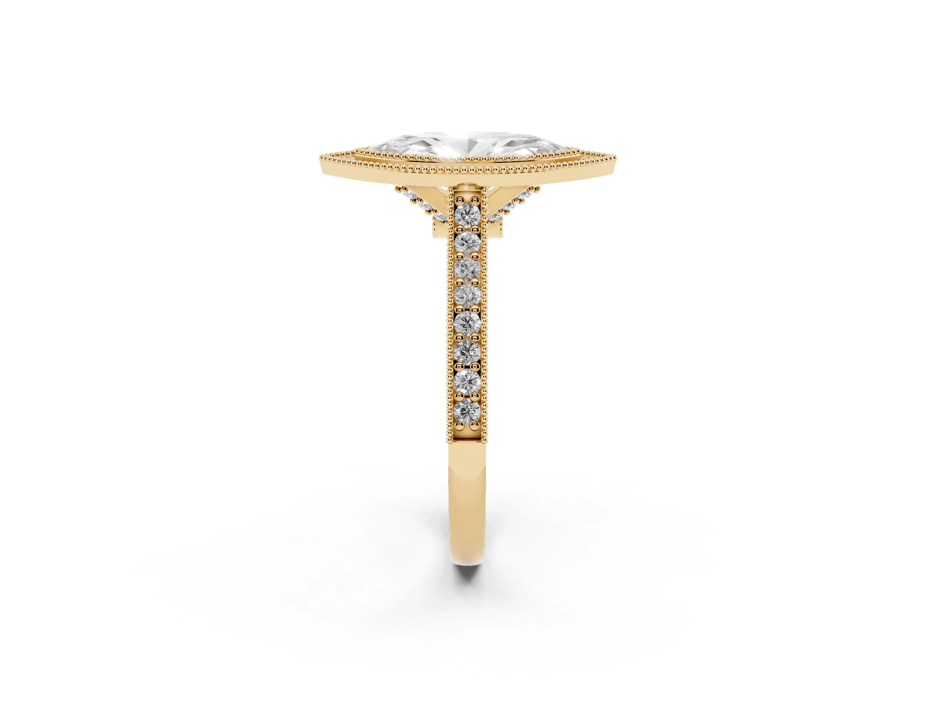 Marquise Cut Diamond Halo Milgrain Pavé Band Ring Set in Yellow gold with Prong Setting