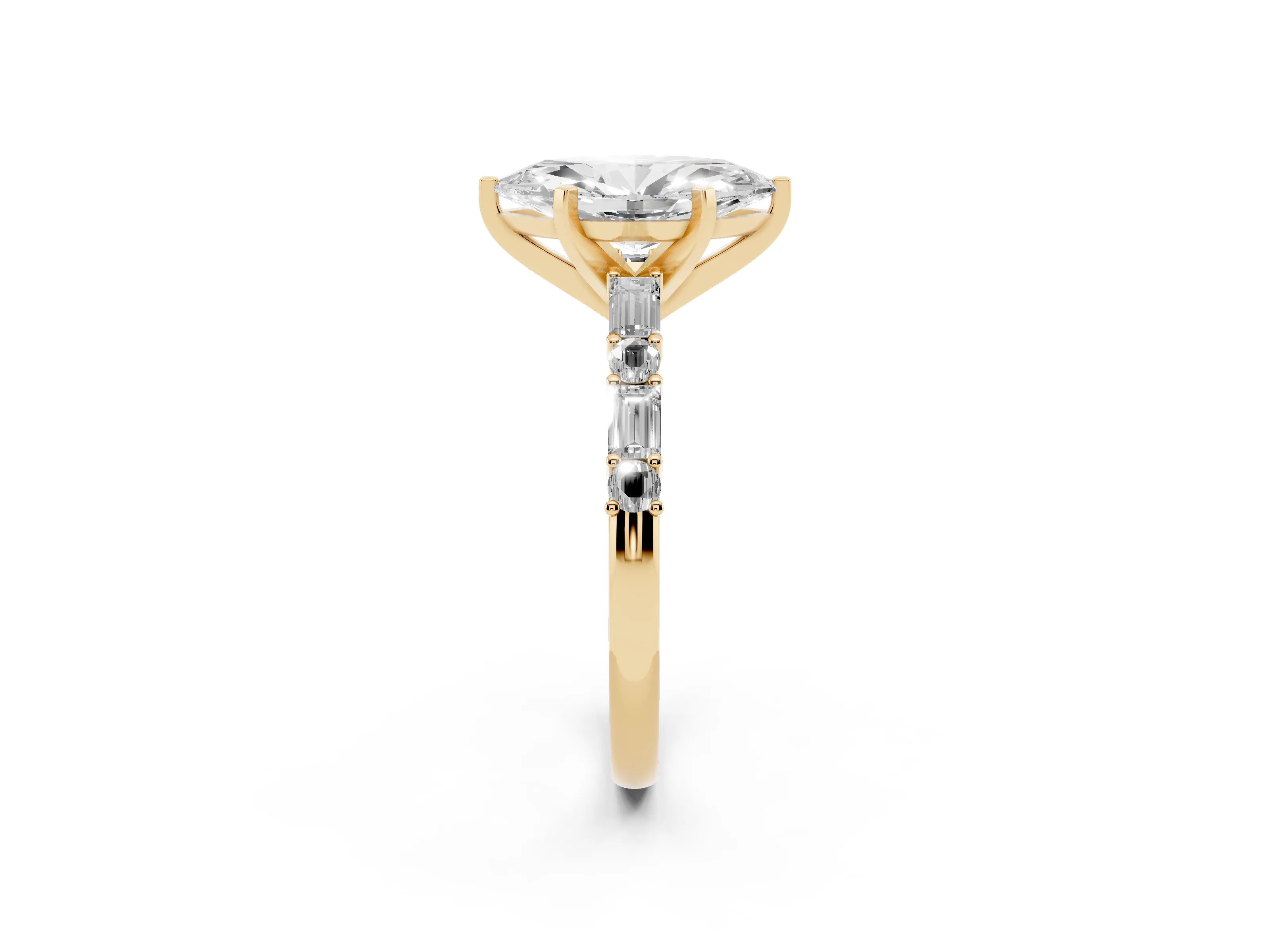Marquise Cut Diamond Solitaire Set in Yellow gold with Side Baguettes and Channel Set Band