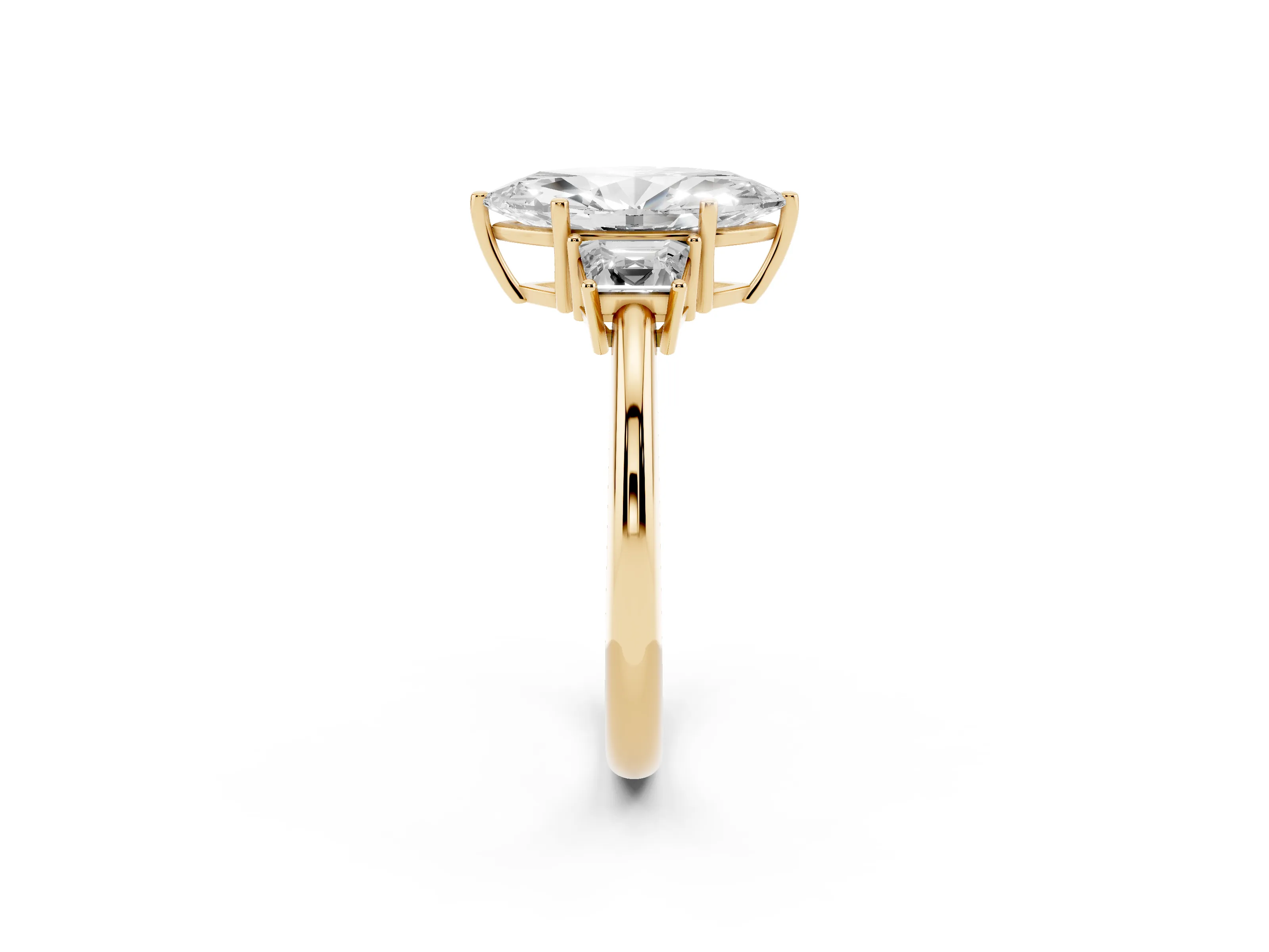Marquise Cut Diamond Three-Stone Ring Set in Yellow gold with Trapezoid Side Stones and Prong Setting