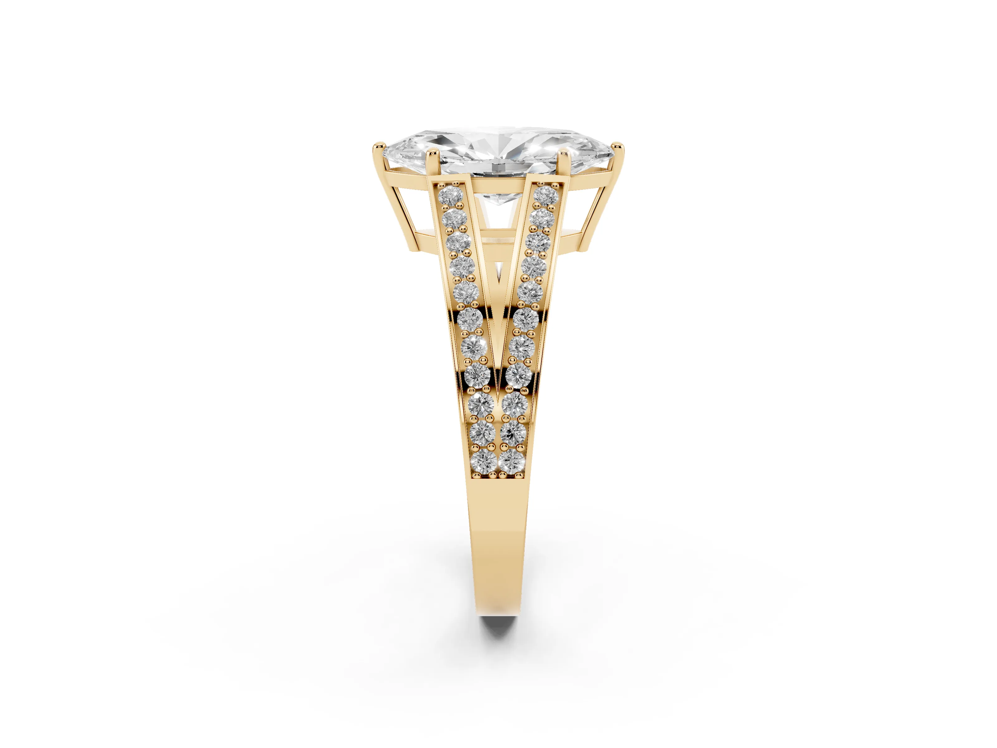 Marquise Cut Diamond Split Shank Ring Set in Yellow gold with Pavé Band and Prong Setting