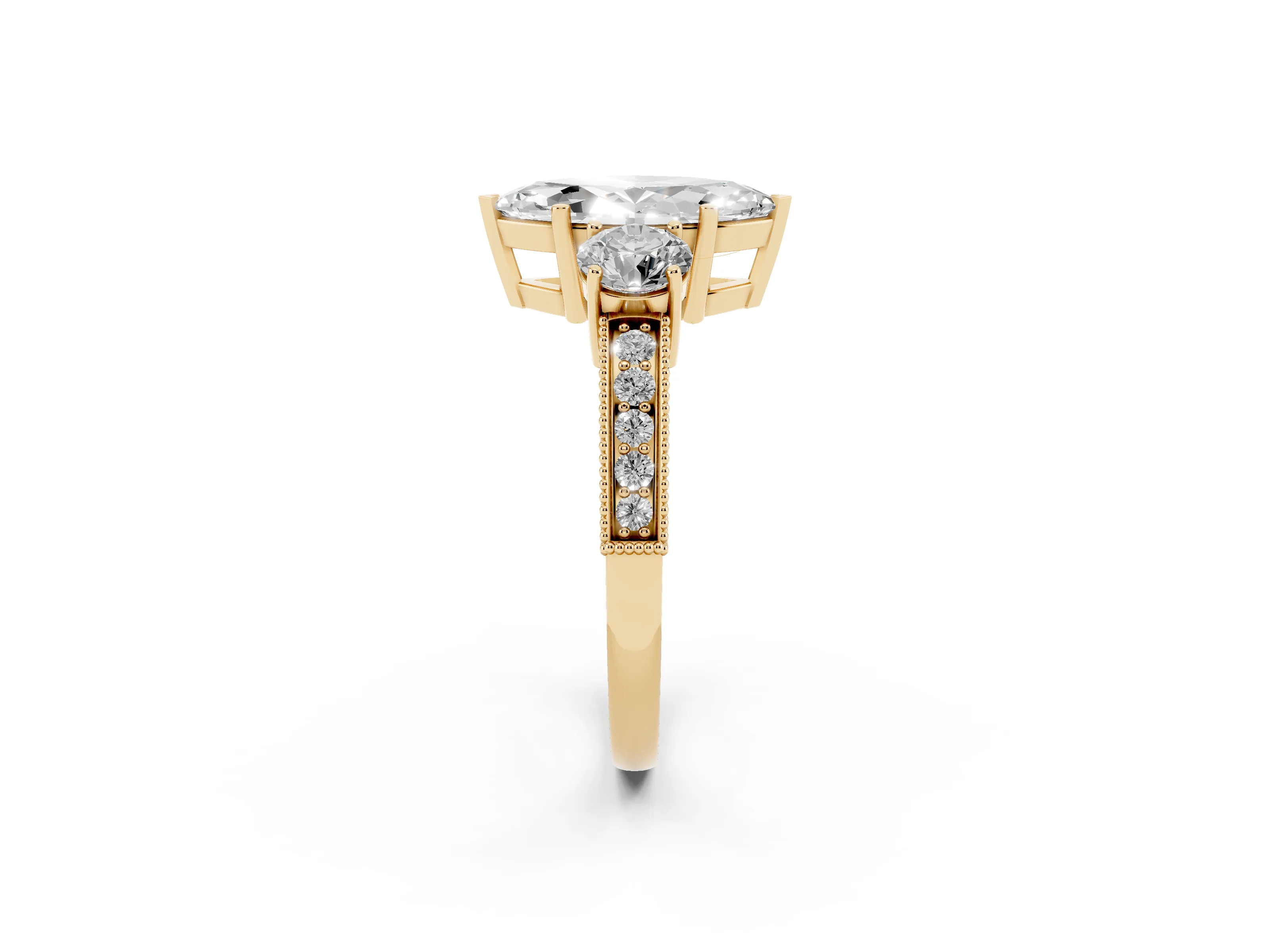 Marquise Cut Diamond Three-Stone Ring Set in Yellow gold with Round Side Stones and Pavé Band