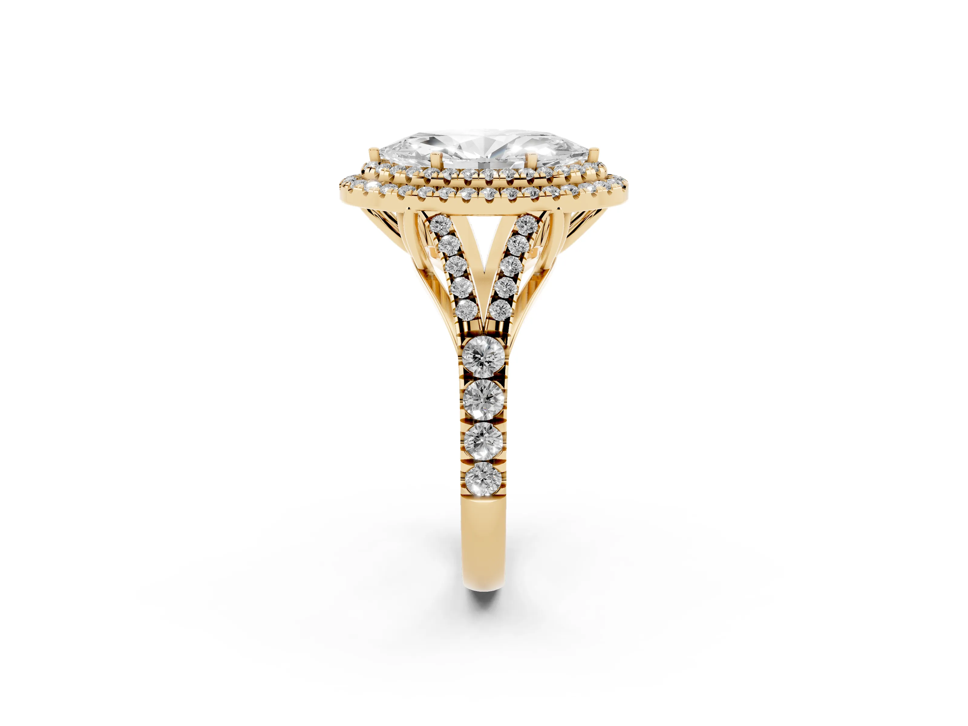Marquise Cut Diamond Pavé Split Shank Double Halo Engagement Ring Set in Yellow gold