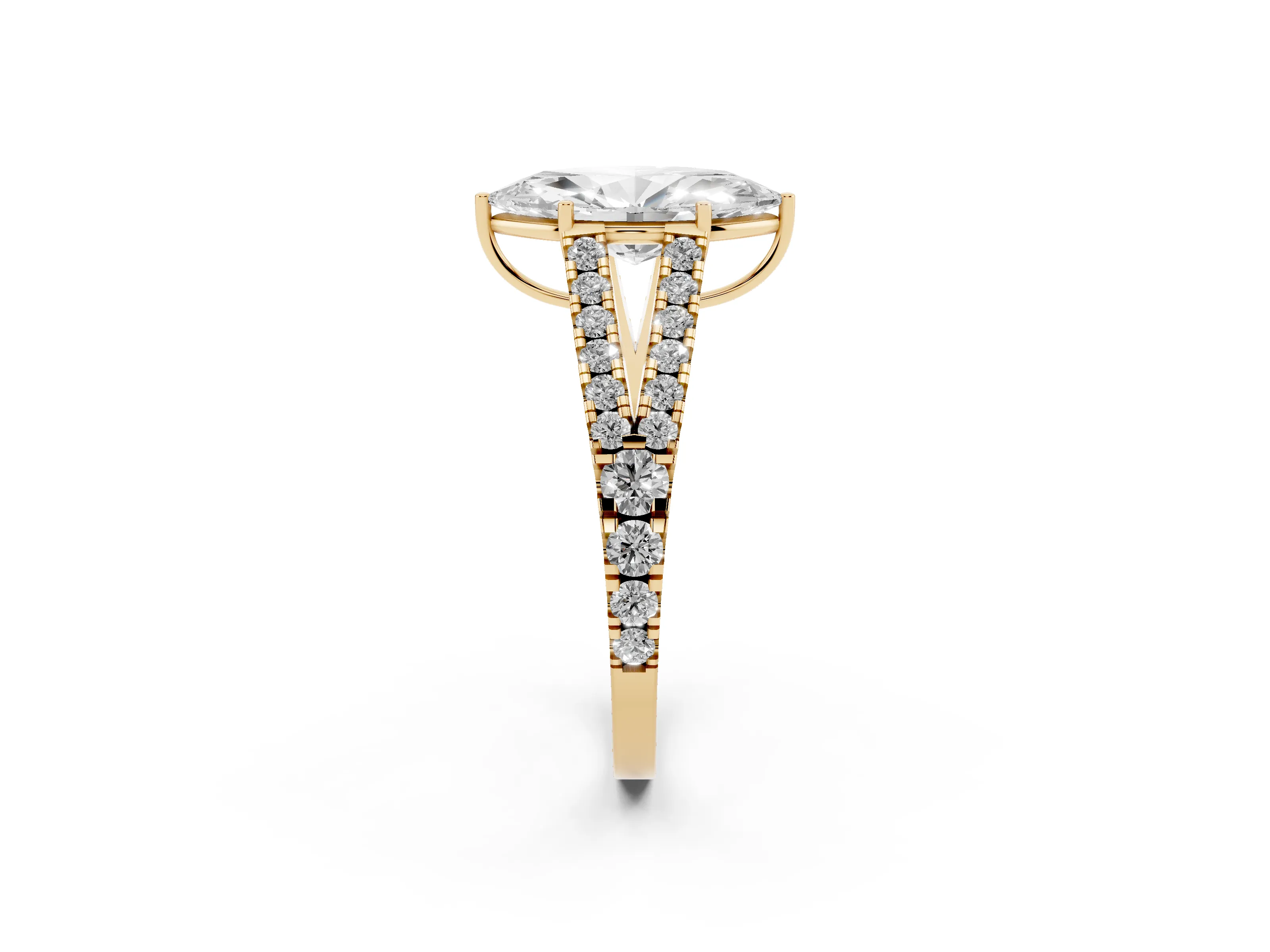 Marquise Cut Diamond Split Shank Pavé Engagement Ring Set in Yellow gold with Prong-Held Center Stone
