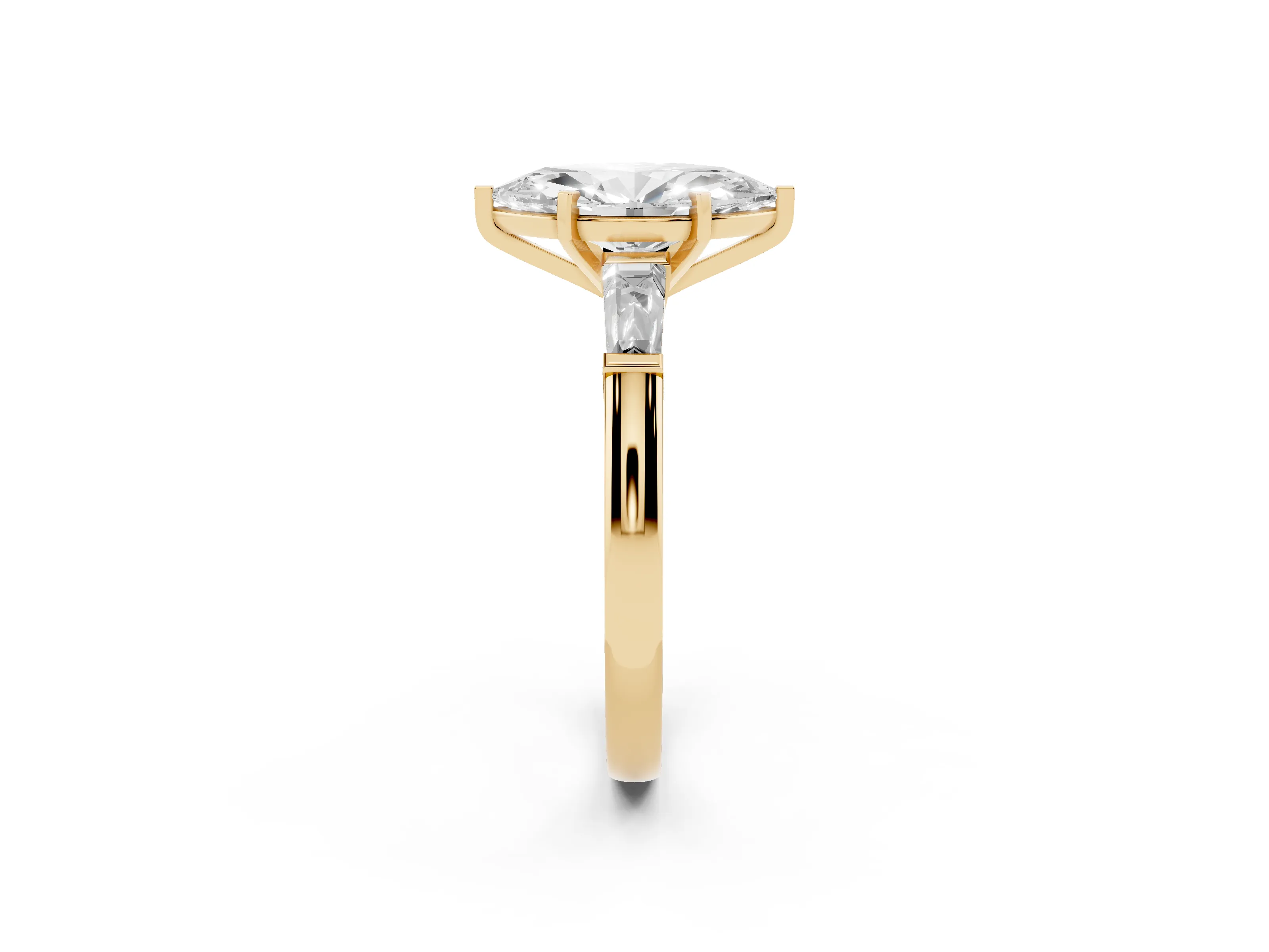 Marquise Cut Diamond Solitaire Ring Set in Yellow gold with Tapered Baguette Side Stones and Prong Setting