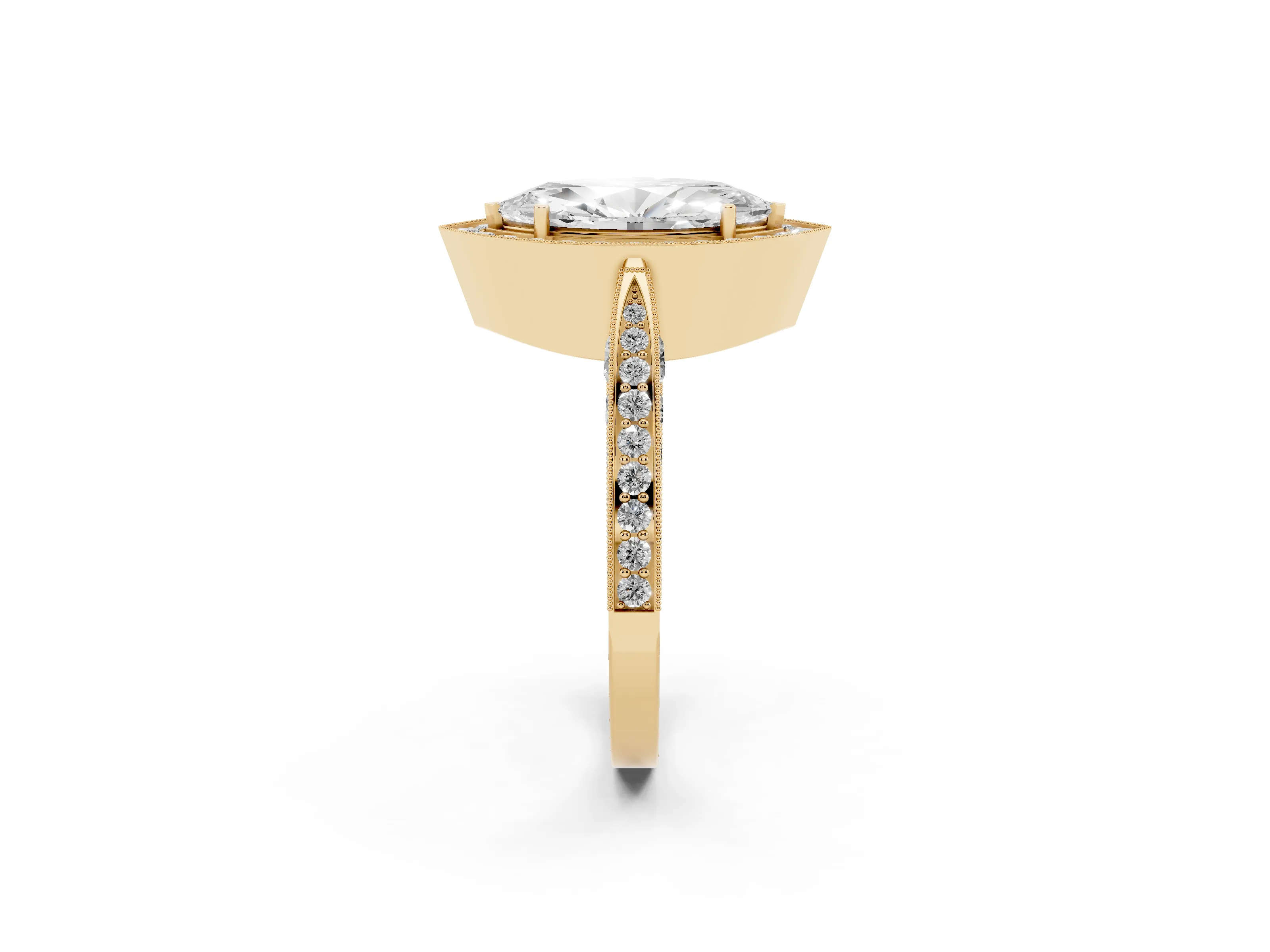 Marquise Cut Diamond Halo Engagement Ring Set in Yellow gold with Accent Split Shank Band
