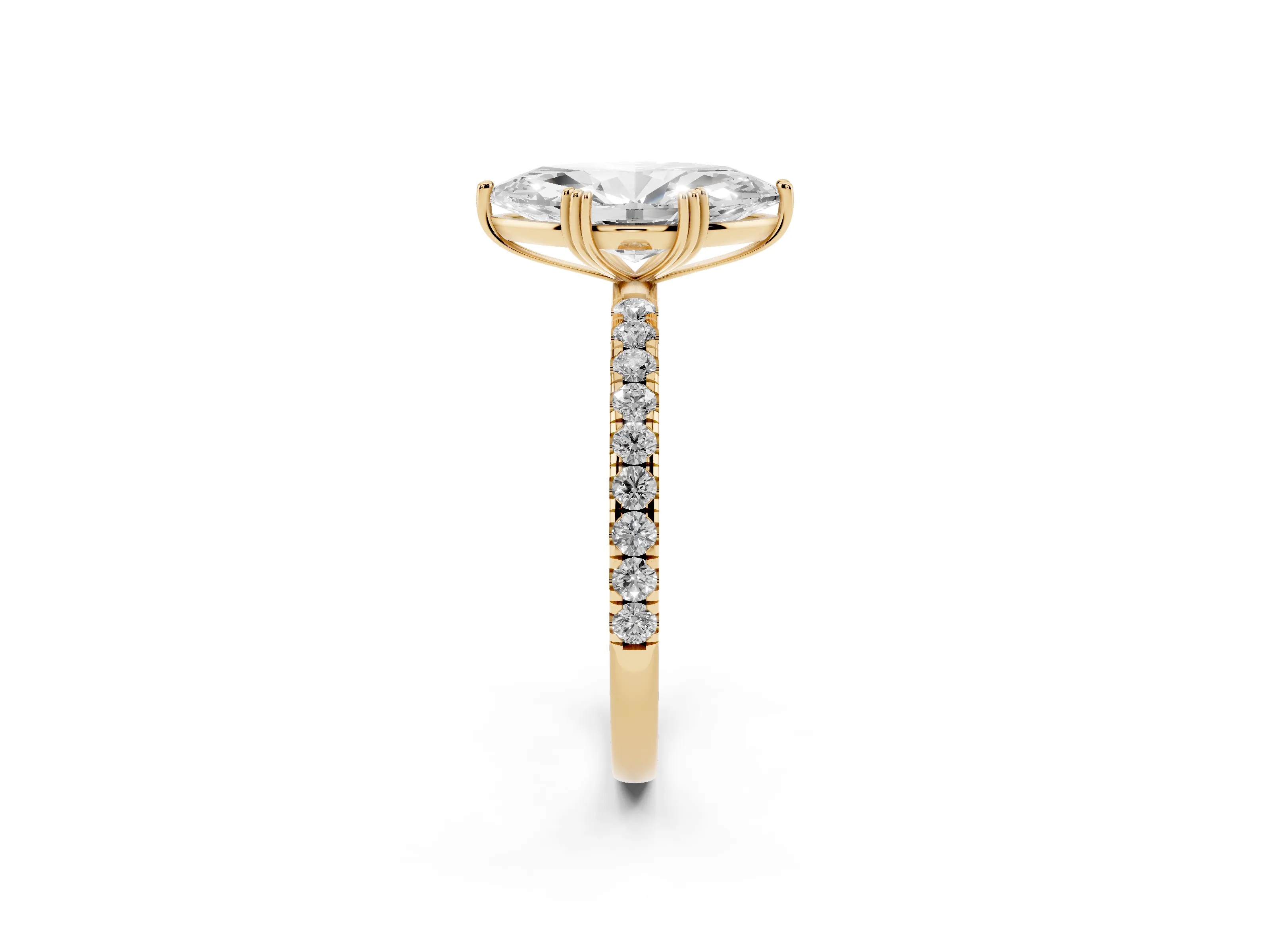 Marquise Cut Diamond Brilliant Solitaire Set in Yellow gold with Pavé Band and Claw Prong Setting