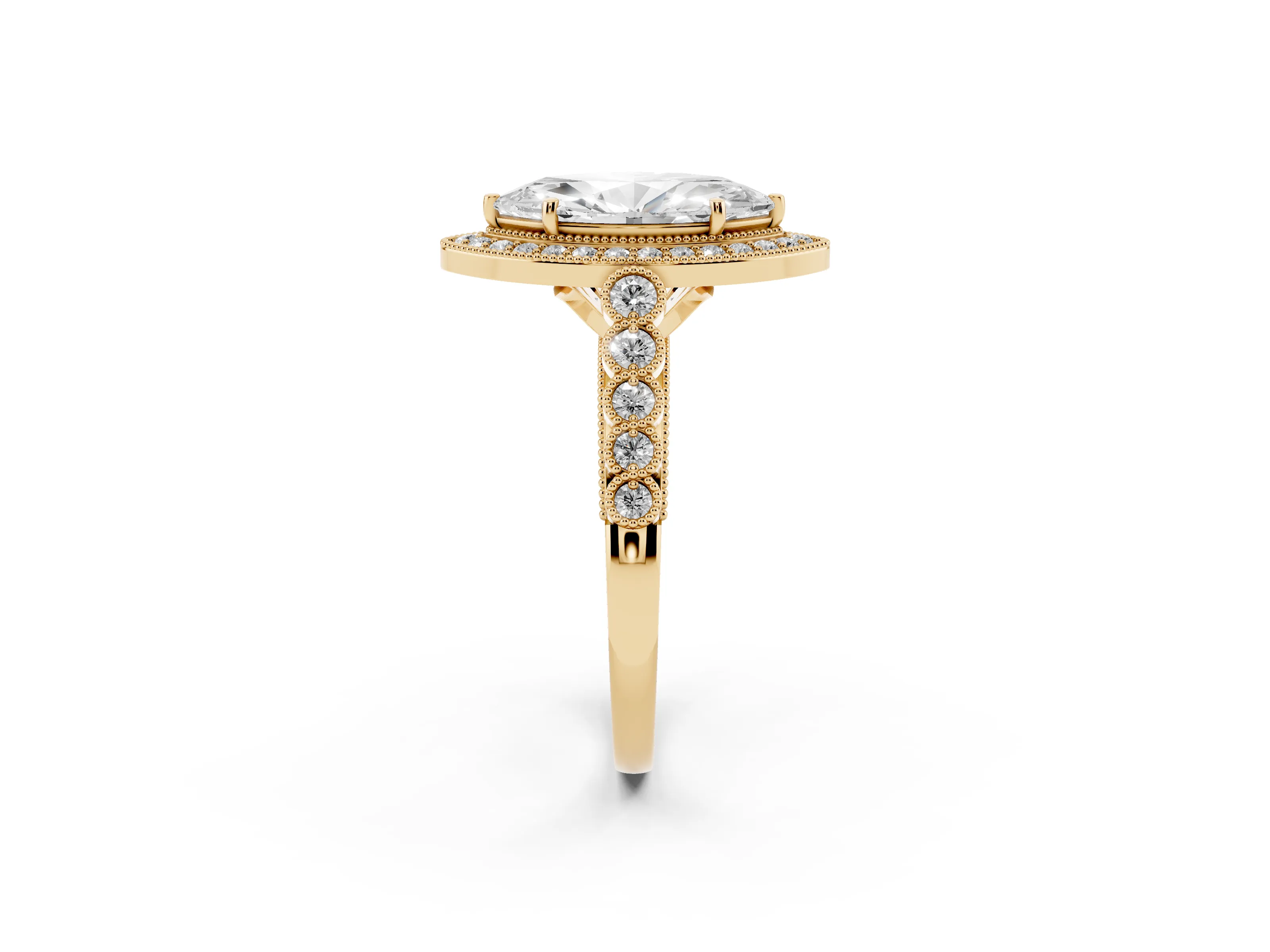 Marquise Cut Diamond Milgrain Halo Solitaire Ring Set in Yellow gold with Bezel Set Side Stones and Pavé Band