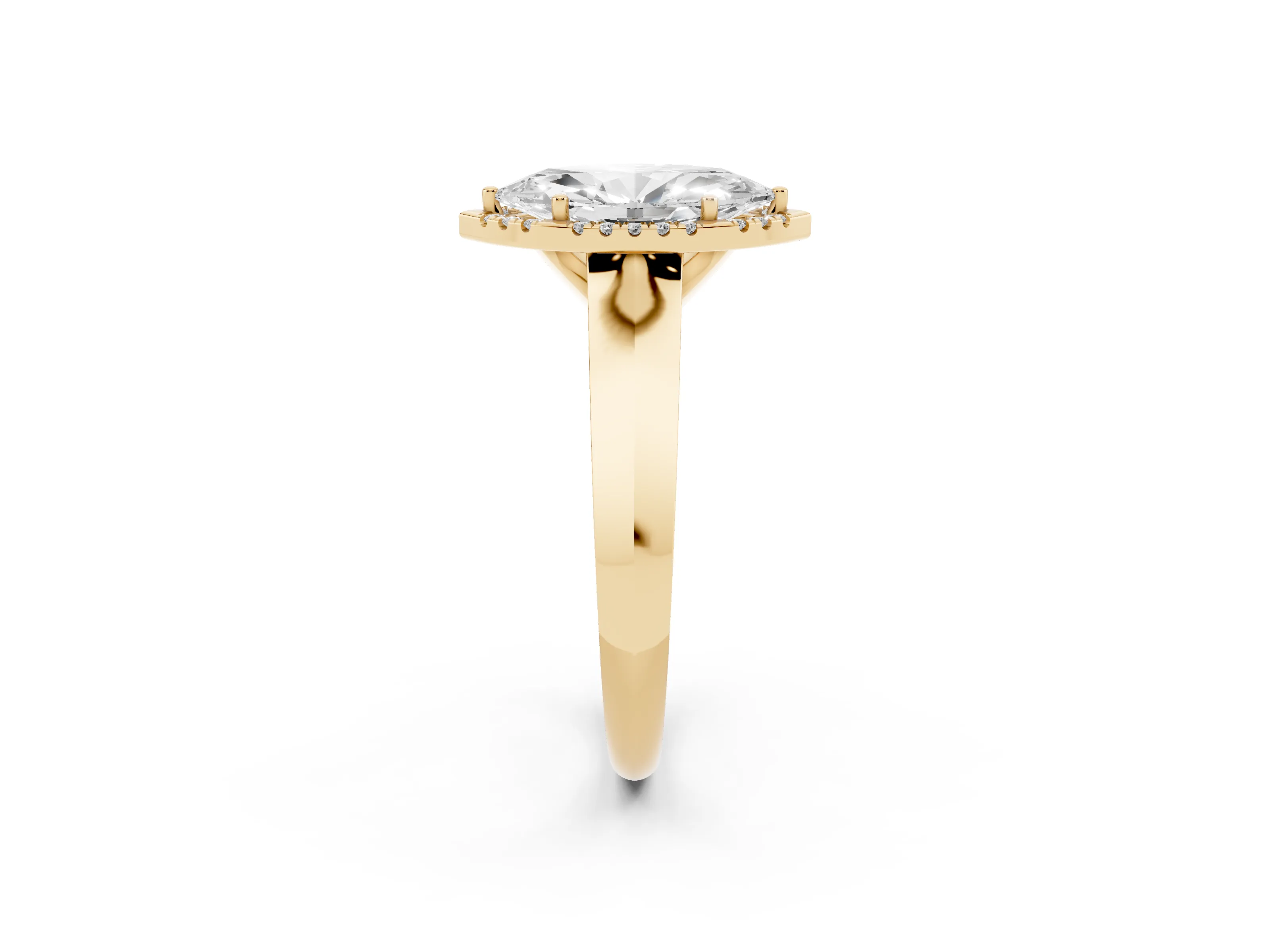 Marquise Cut Diamond Halo Ring Set in Yellow gold with Cathedral Band and Prong Setting