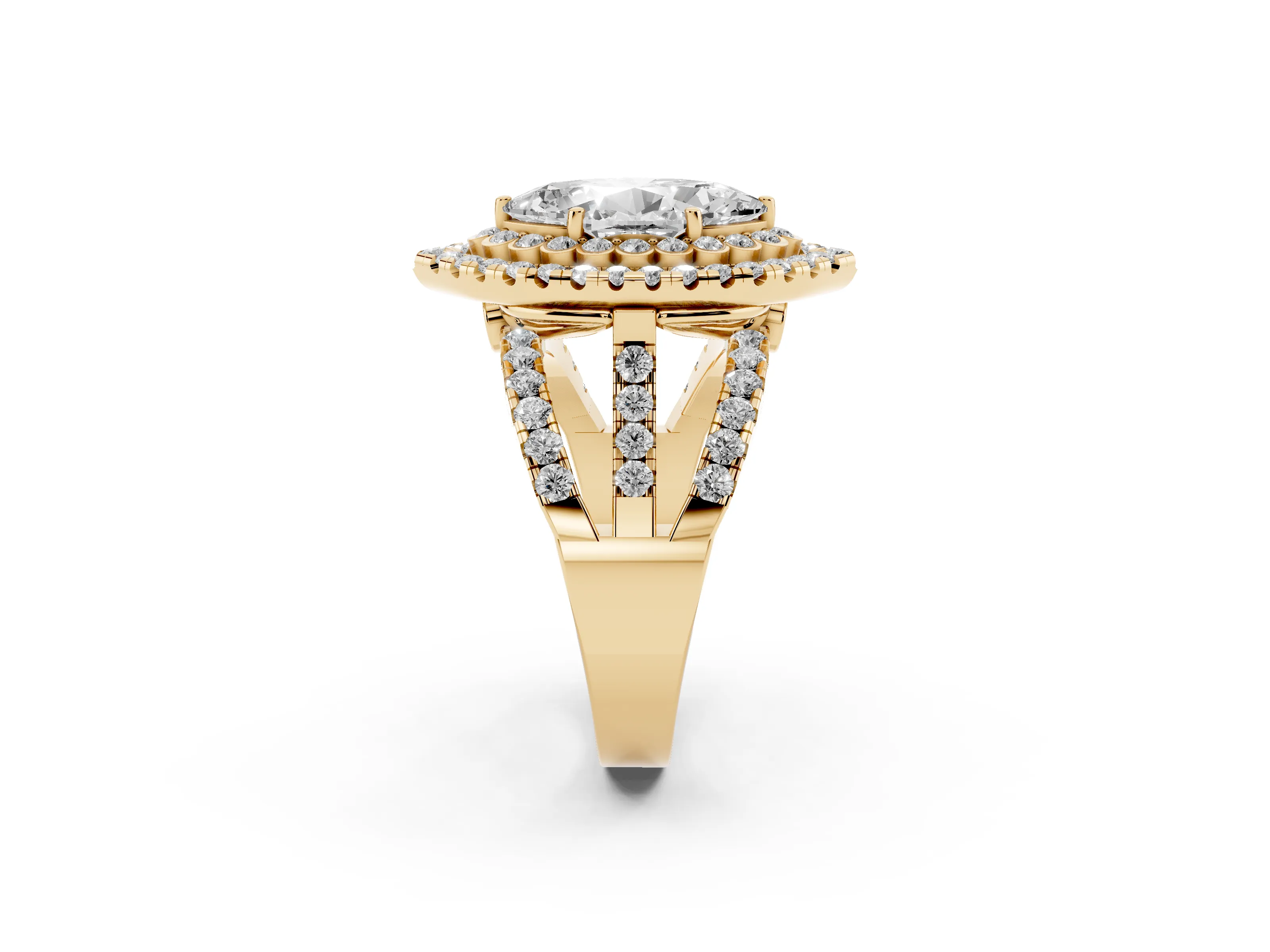 Marquise Cut Diamond Double Halo Ring Set in Yellow gold with Round Pavé Split Shank