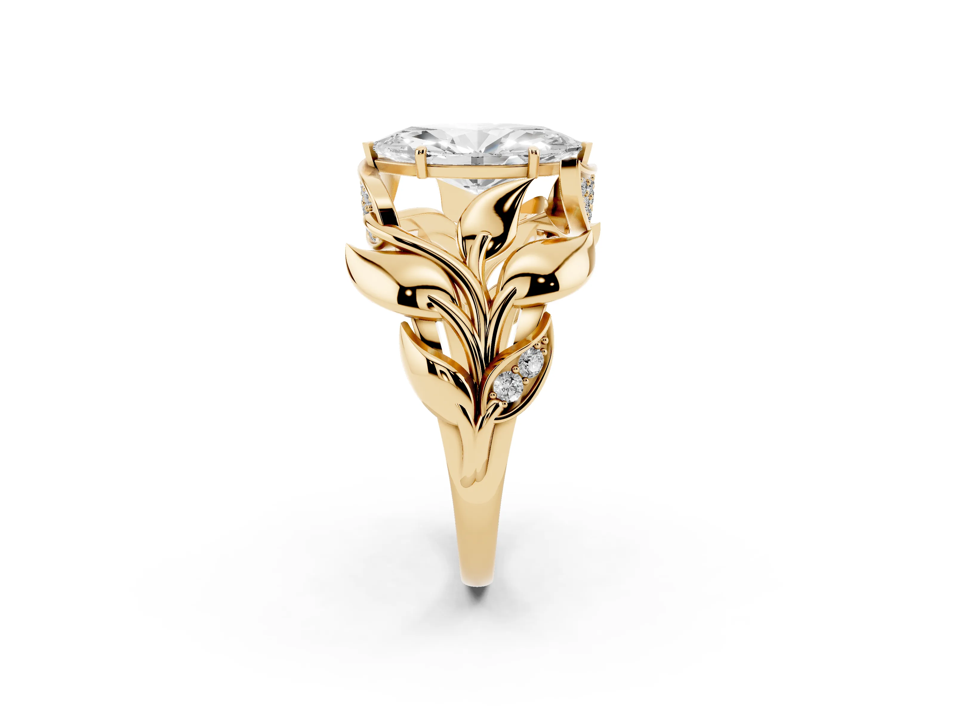 Marquise Cut Diamond Leaf-Inspired Engagement Ring Set in Yellow gold with Round Accents
