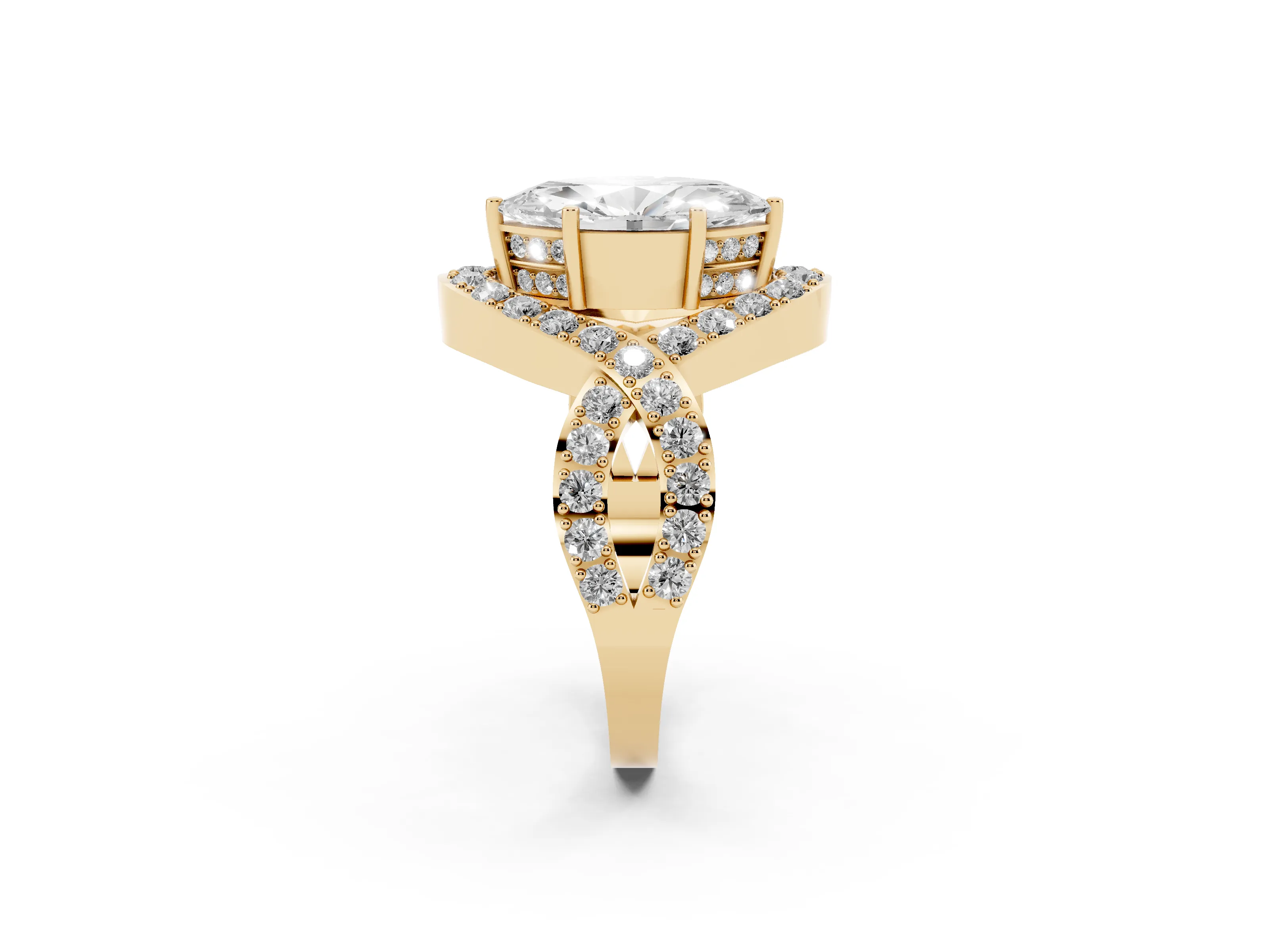 Marquise Cut Diamond Solitaire Twist Band Pavé Engagement Ring Set in Yellow gold