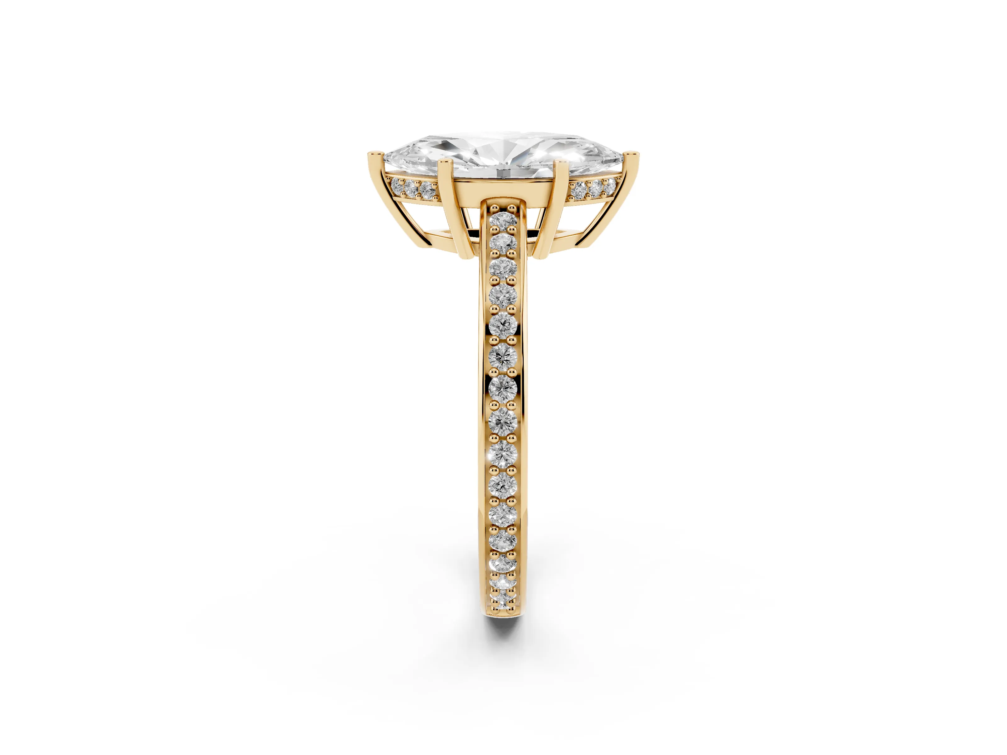 Marquise Cut Diamond Pavé Band Prong Set Solitaire Ring Set in Yellow gold